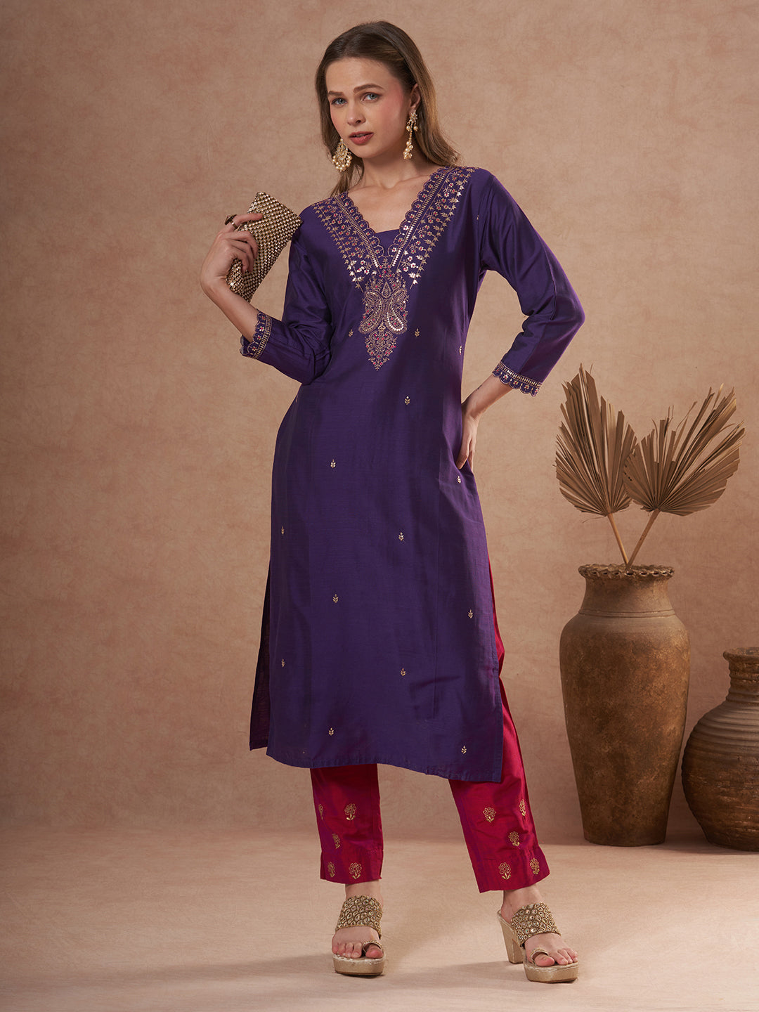 Solid Zari & Sequin Embroidered Straight Fit Kurta - Purple