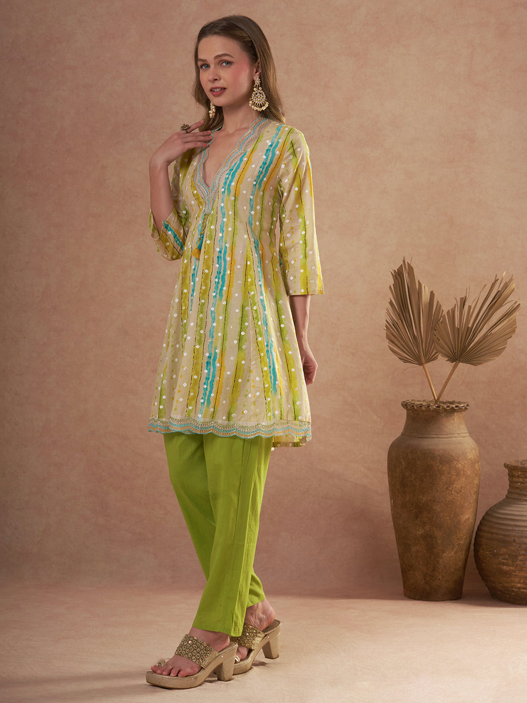 Ethnic Foil Stripes Printed A-Line Paneled Kurta with Pant - Multi