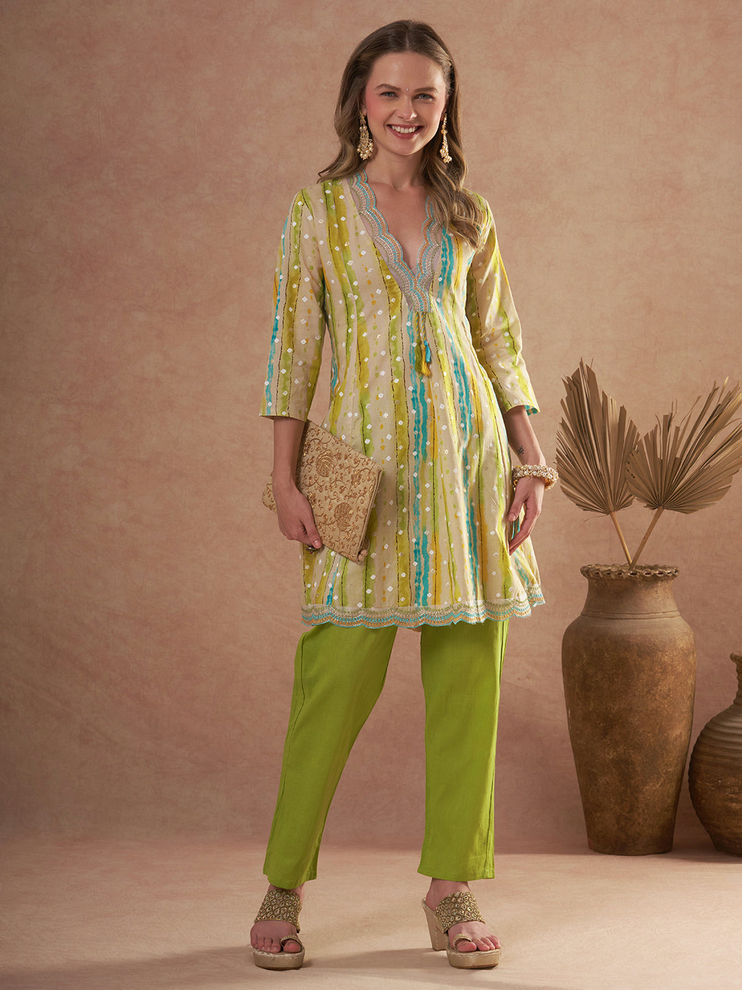 Ethnic Foil Stripes Printed A-Line Paneled Kurta with Pant - Multi