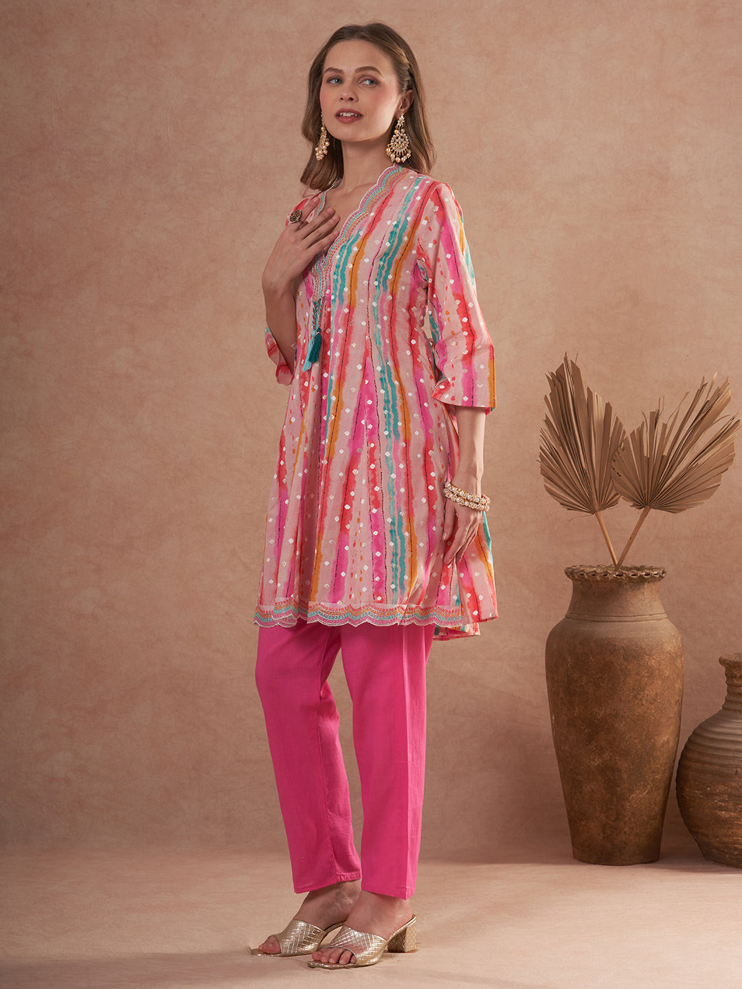 Ethnic Foil Stripes Printed A-Line Paneled Kurta with Pant - Multi