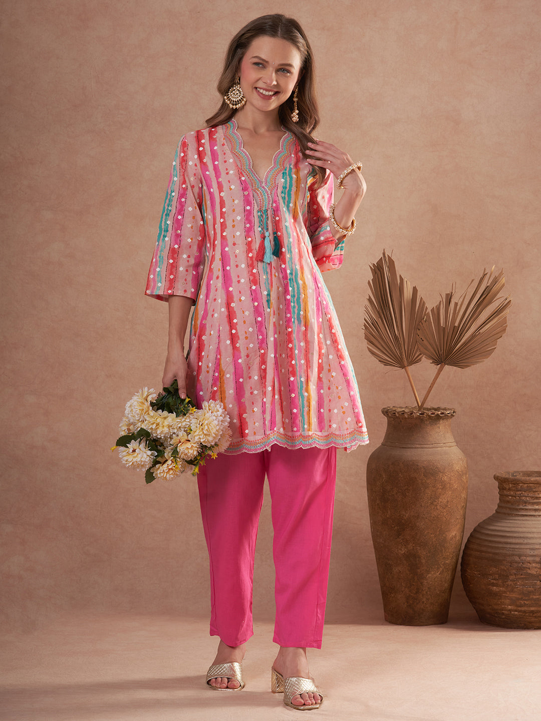 Ethnic Foil Stripes Printed A-Line Paneled Kurta with Pant - Multi