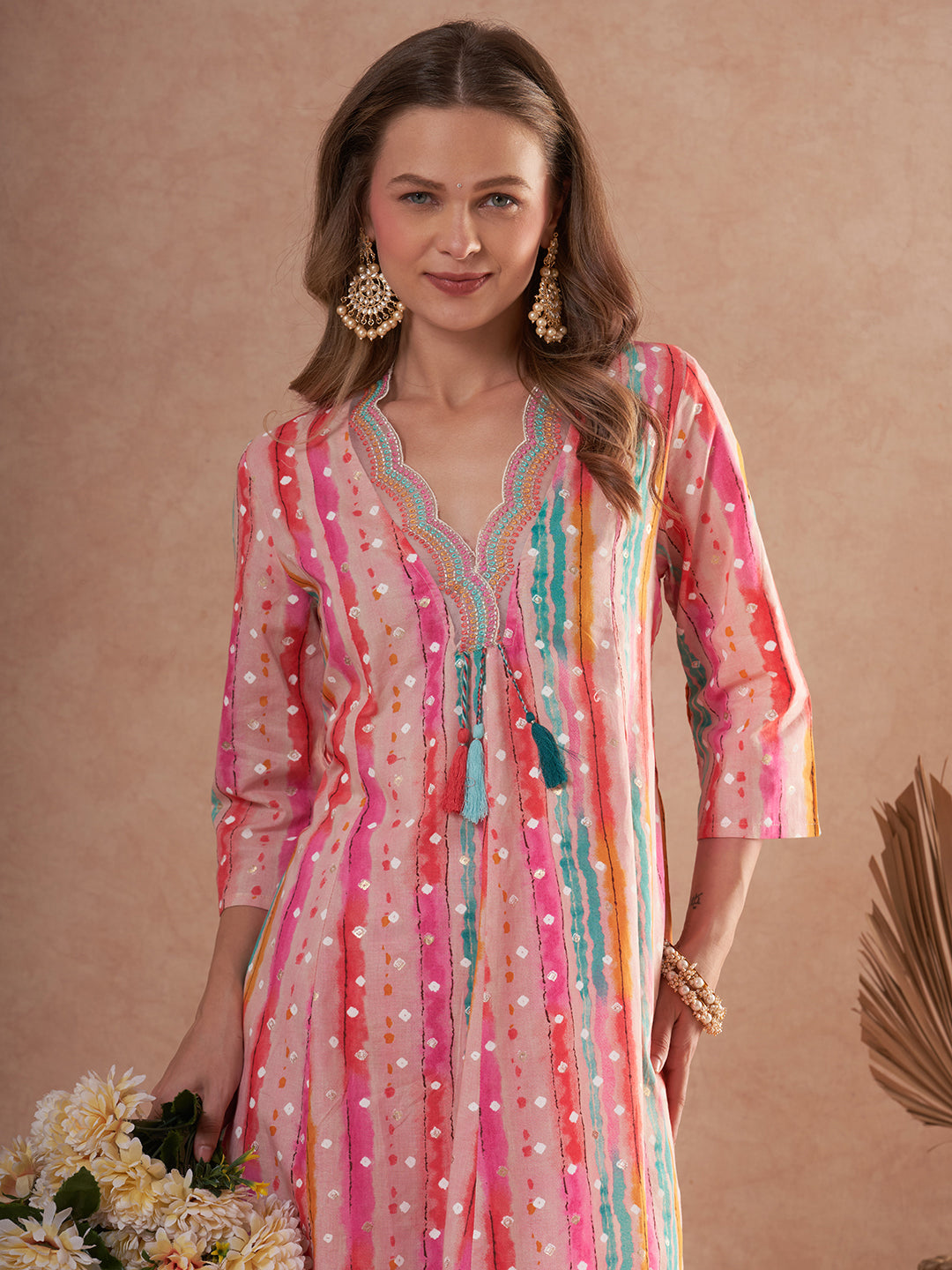 Ethnic Foil Stripes Printed A-Line Paneled Kurta with Pant - Multi