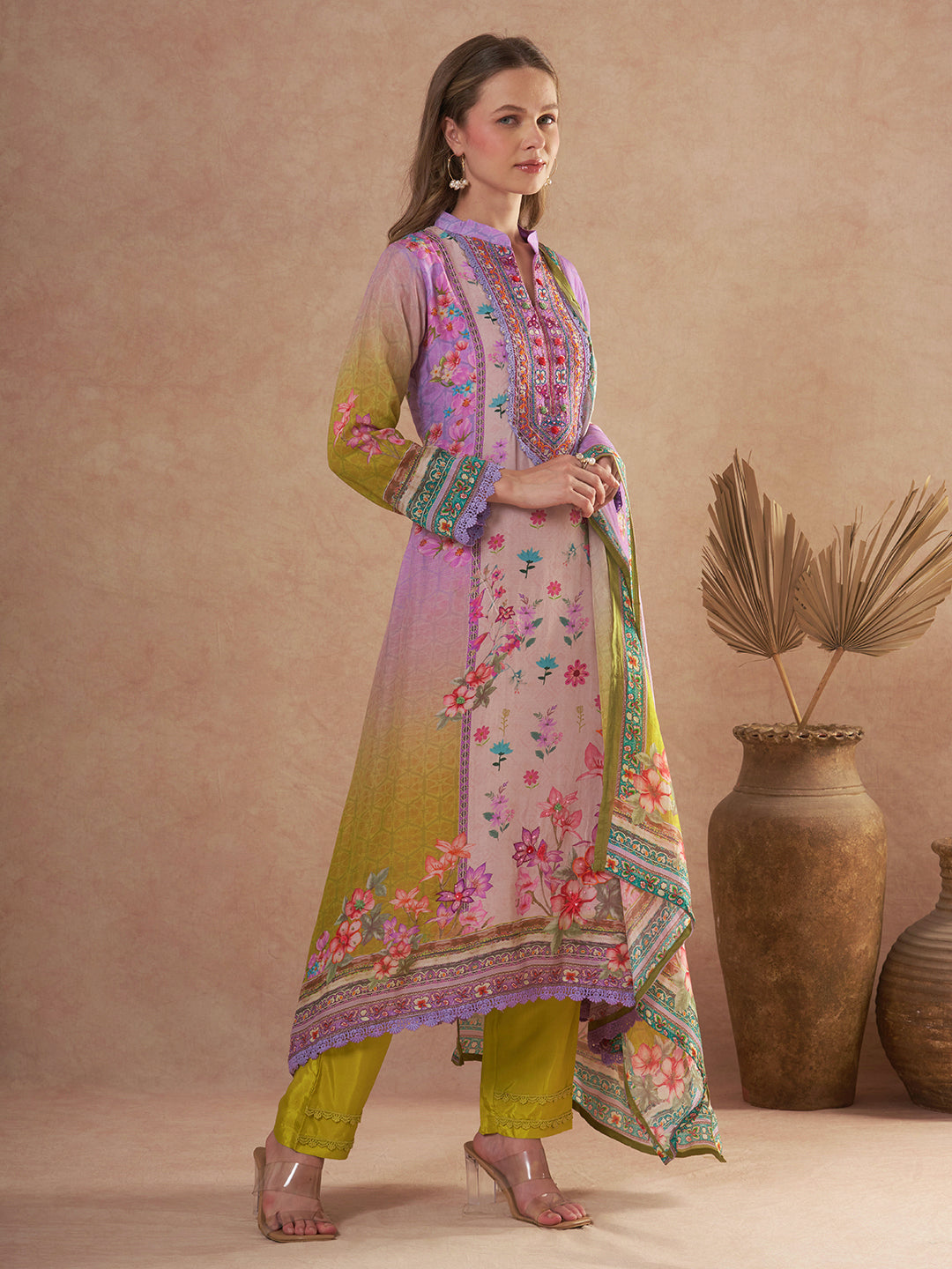 Ethnic Floral Printed & Embroidered Straight Kurta with Pant & Dupatta - Purple