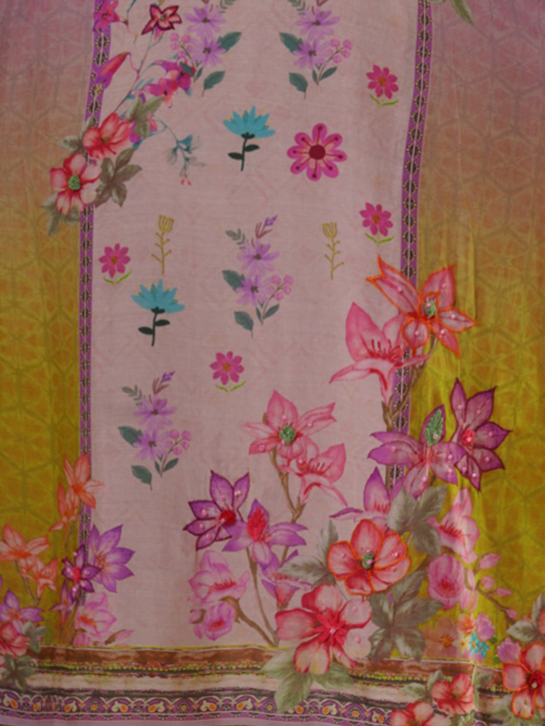 Ethnic Floral Printed & Embroidered Straight Kurta with Pant & Dupatta - Purple