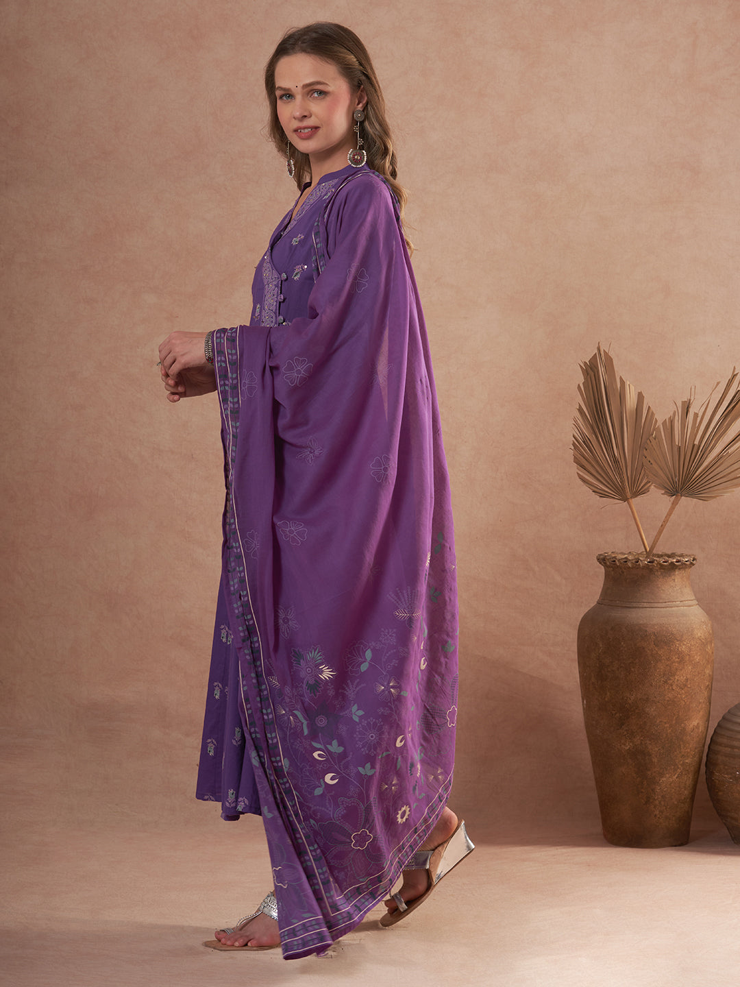 Floral Printed Anarkali Flared Kurta with Pant and Dupatta - Purple