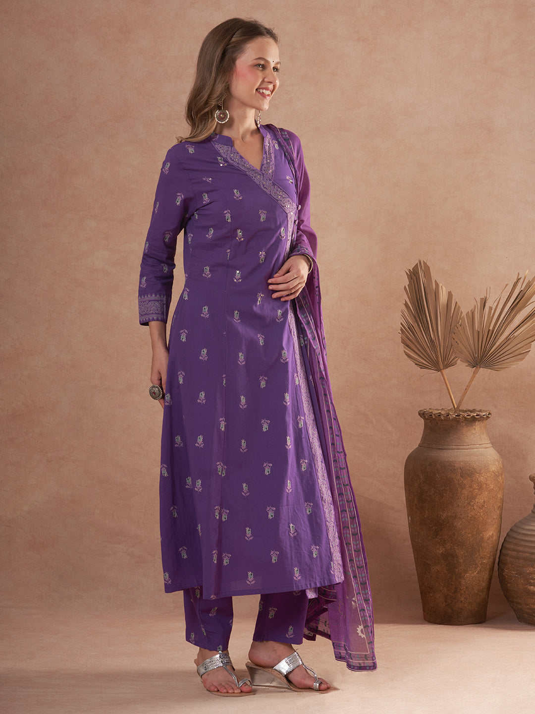 Floral Printed Anarkali Flared Kurta with Pant and Dupatta - Purple