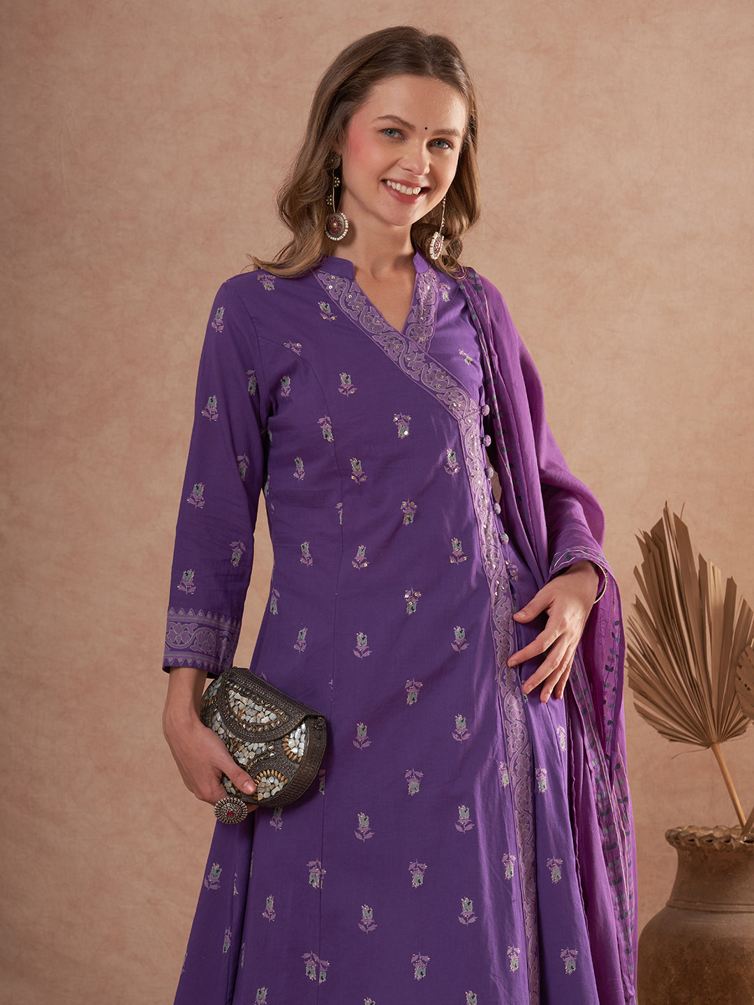 Floral Printed Anarkali Flared Kurta with Pant and Dupatta - Purple