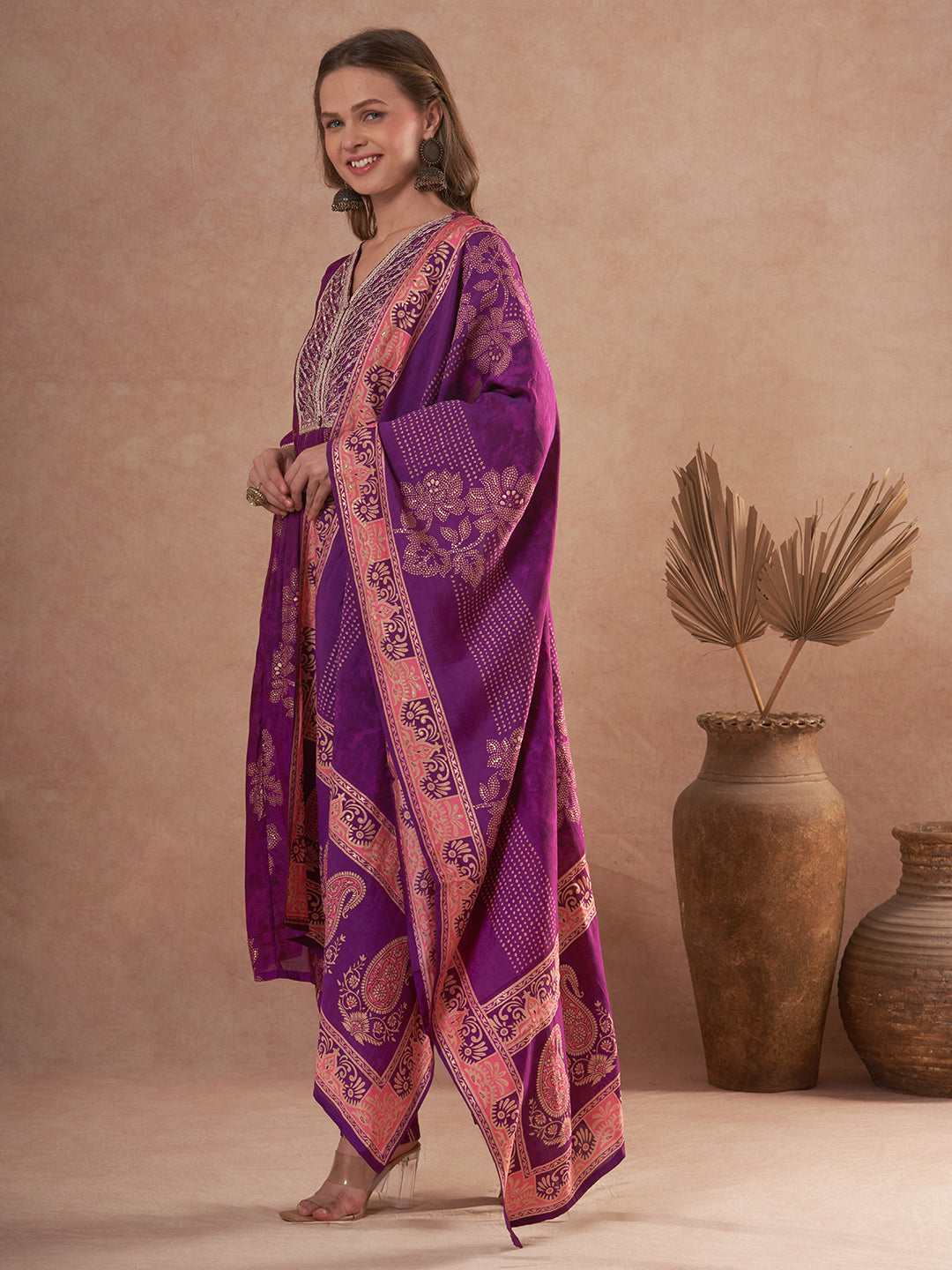 Floral Printed A-Line Embroidered Kurta with Pant & Dupatta - Burgundy
