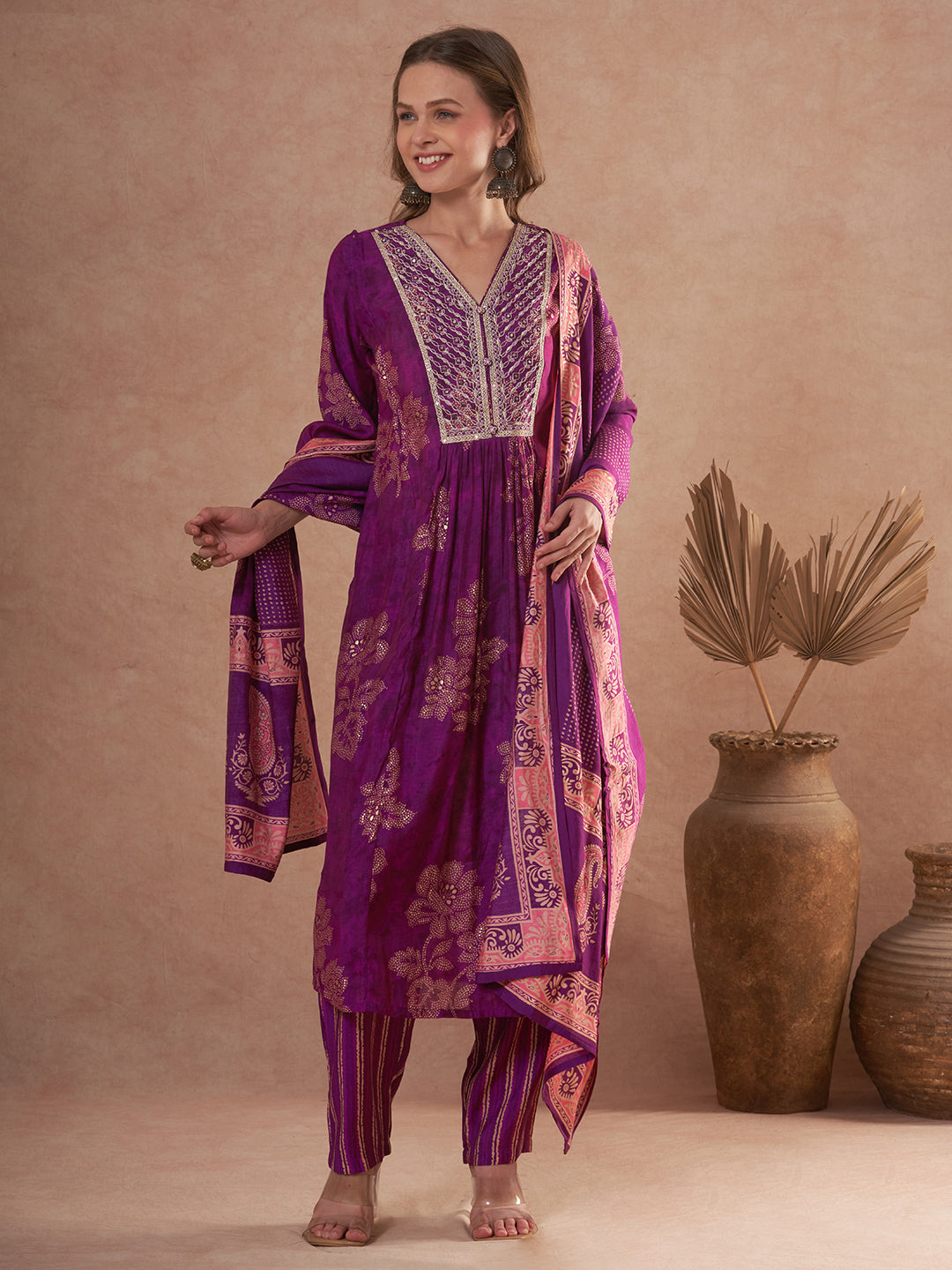 Floral Printed A-Line Embroidered Kurta with Pant & Dupatta - Burgundy