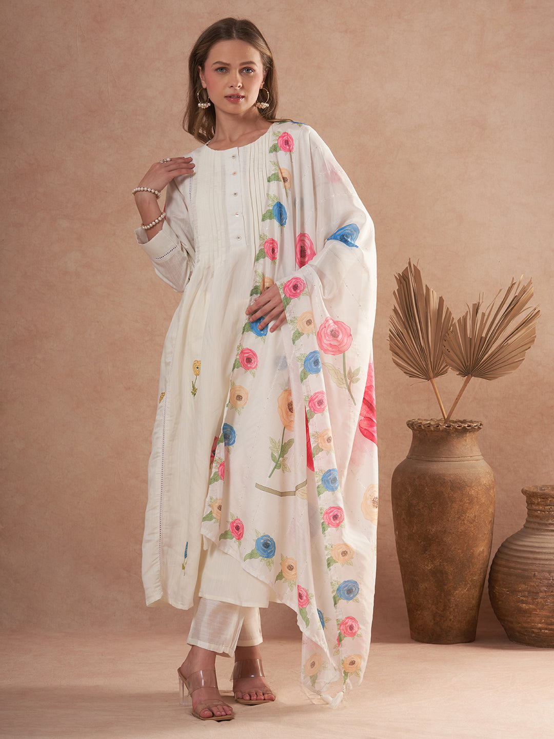 Solid Floral Embroidered A-Line Kurta with Pant and Dupatta - White