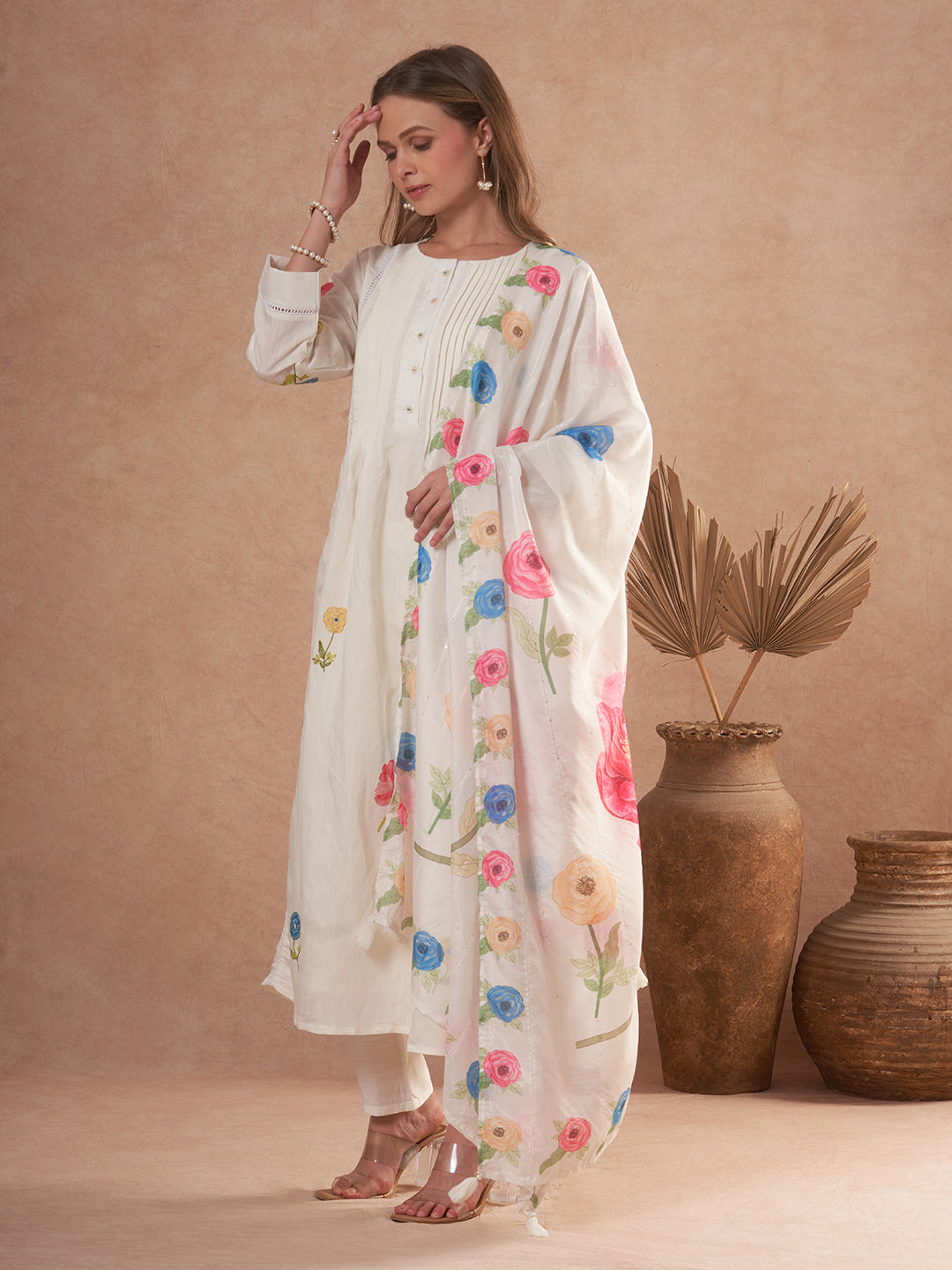 Solid Floral Embroidered A-Line Kurta with Pant and Dupatta - White