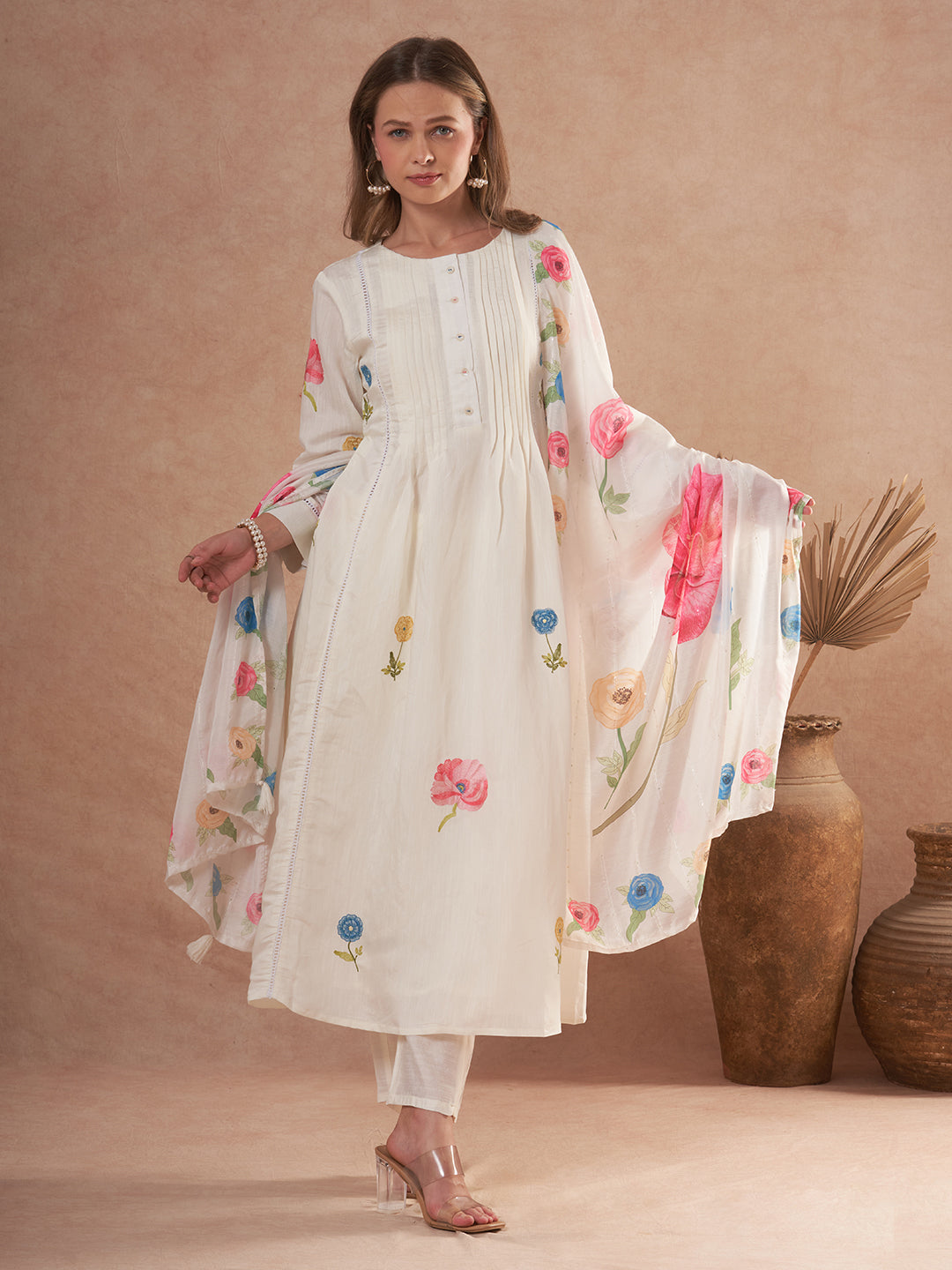 Solid Floral Embroidered A-Line Kurta with Pant and Dupatta - White