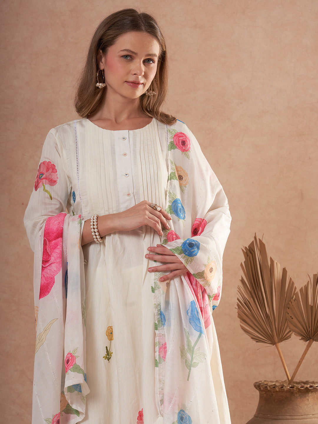 Solid Floral Embroidered A-Line Kurta with Pant and Dupatta - White
