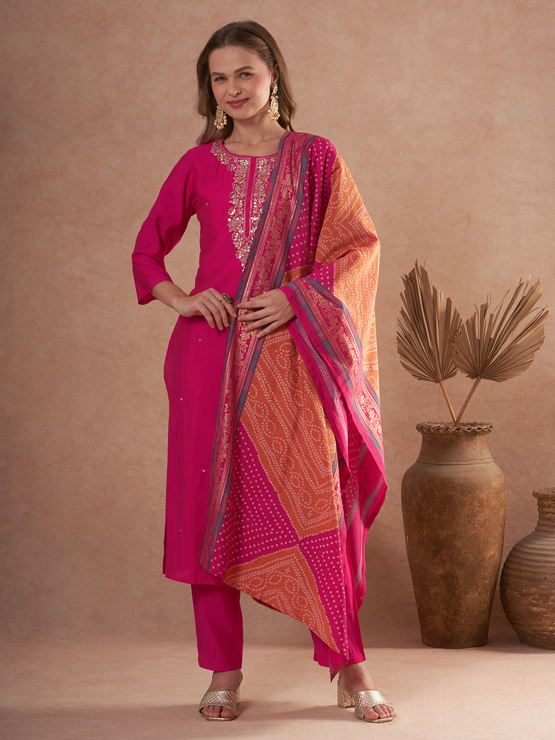 Solid Gota Patti Embroidered Straight Fit Kurta with Pant and Dupatta - Rani