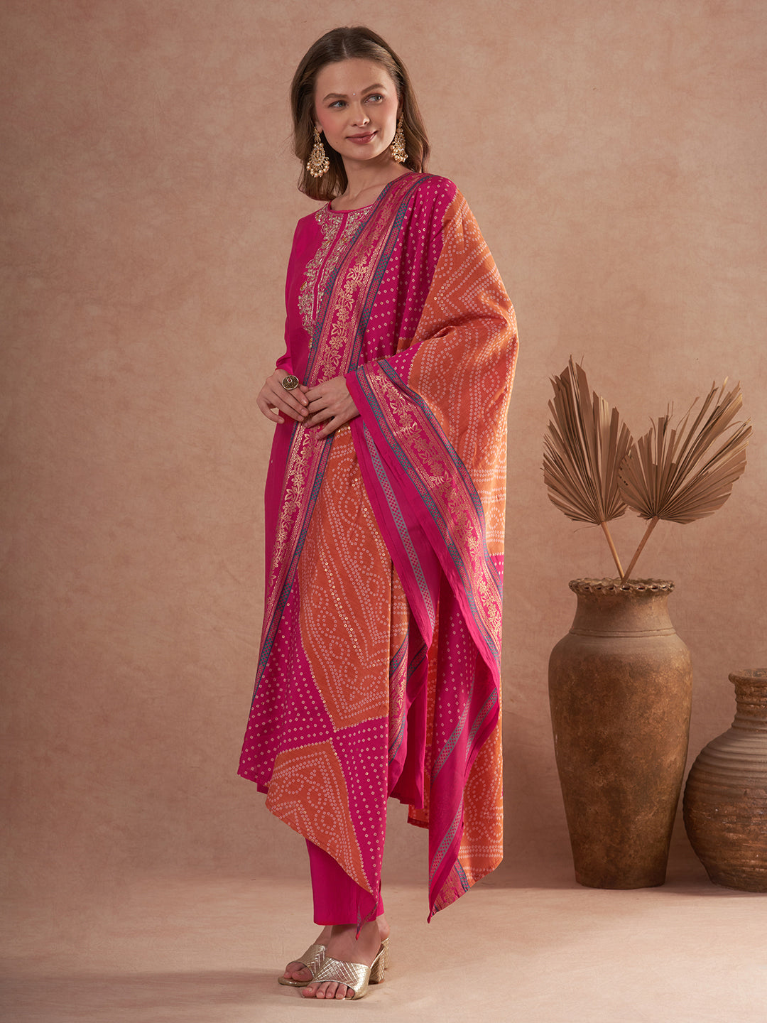 Solid Gota Patti Embroidered Straight Fit Kurta with Pant and Dupatta - Rani