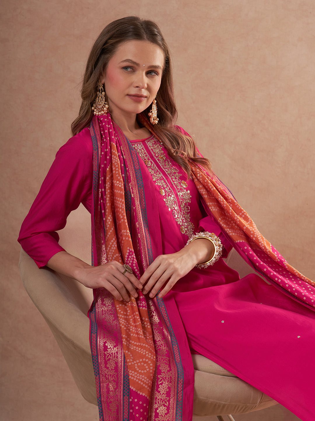 Solid Gota Patti Embroidered Straight Fit Kurta with Pant and Dupatta - Rani