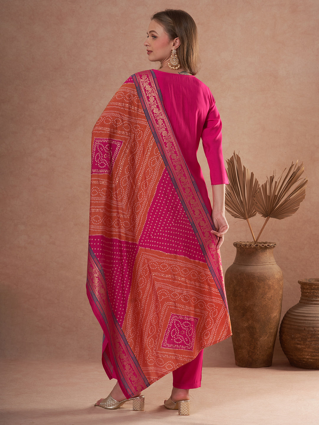 Solid Gota Patti Embroidered Straight Fit Kurta with Pant and Dupatta - Rani