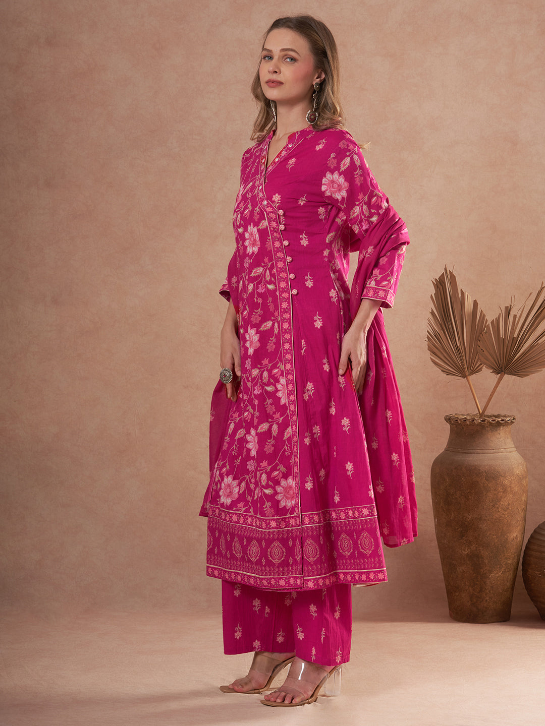 Ethnic Floral Printed Anarkali Flared Kurta with Palazzo and Dupatta - Pink