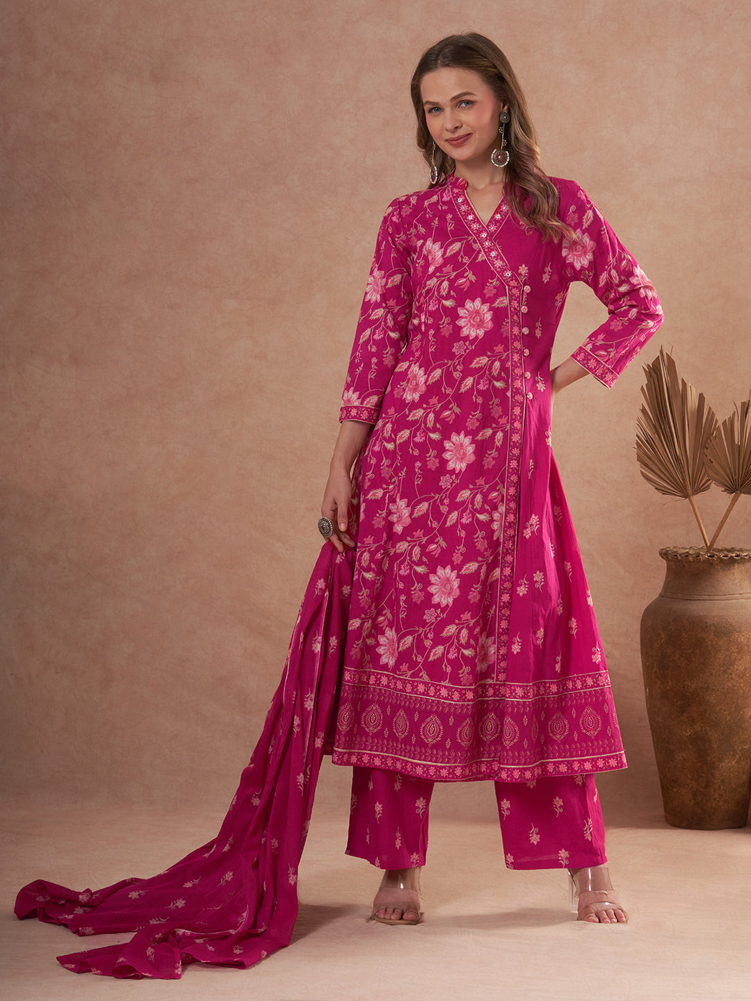 Ethnic Floral Printed Anarkali Flared Kurta with Palazzo and Dupatta - Pink
