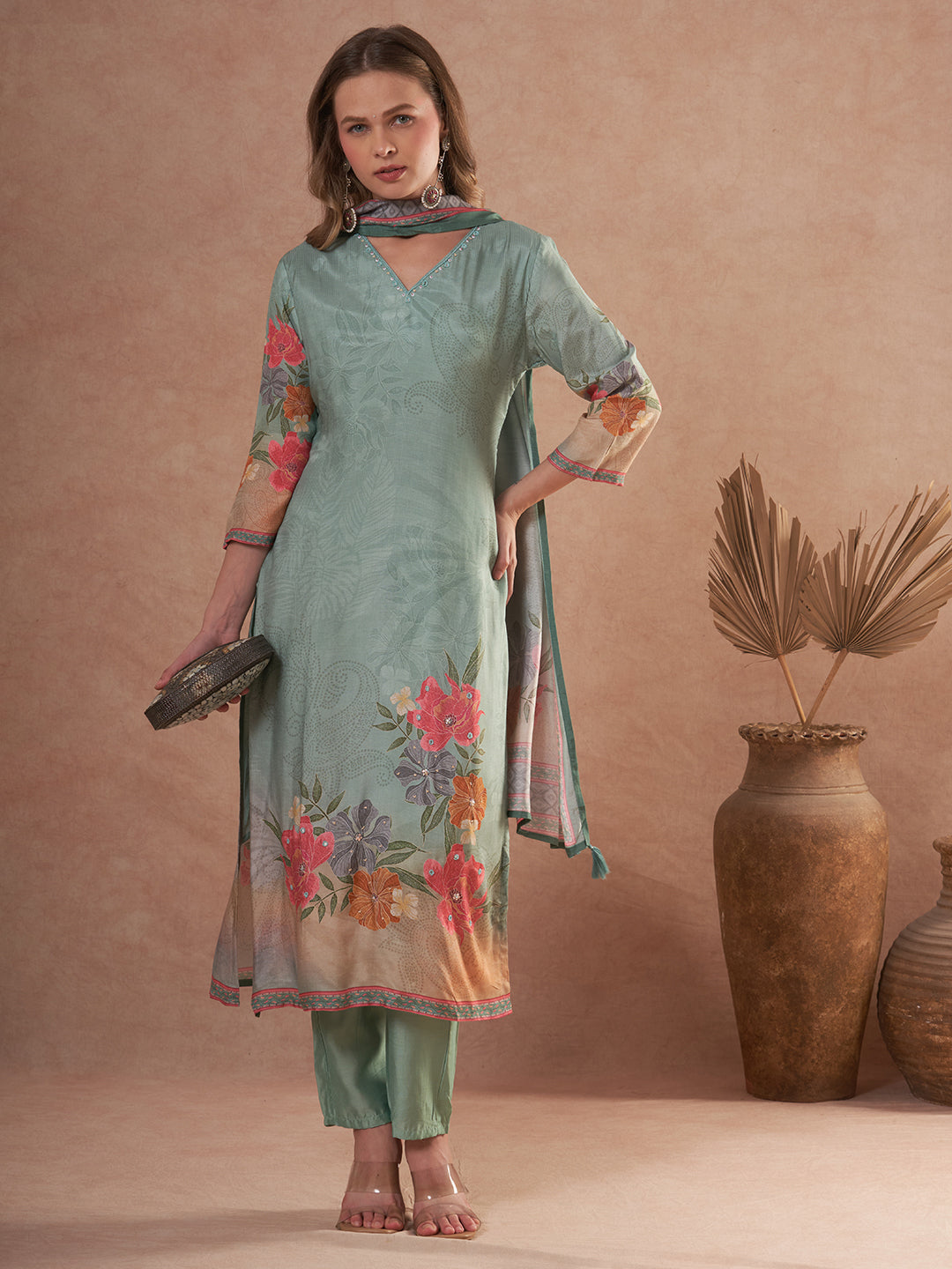Abstract Floral Printed Embroidered Straight Fit Kurta with Pant and Dupatta - Sea Green