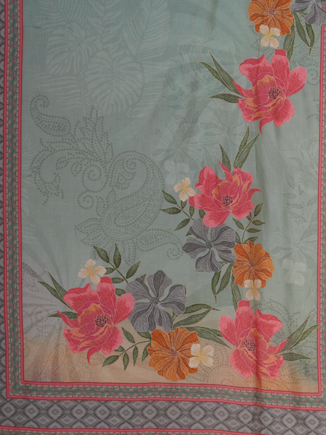 Abstract Floral Printed Embroidered Straight Fit Kurta with Pant and Dupatta - Sea Green