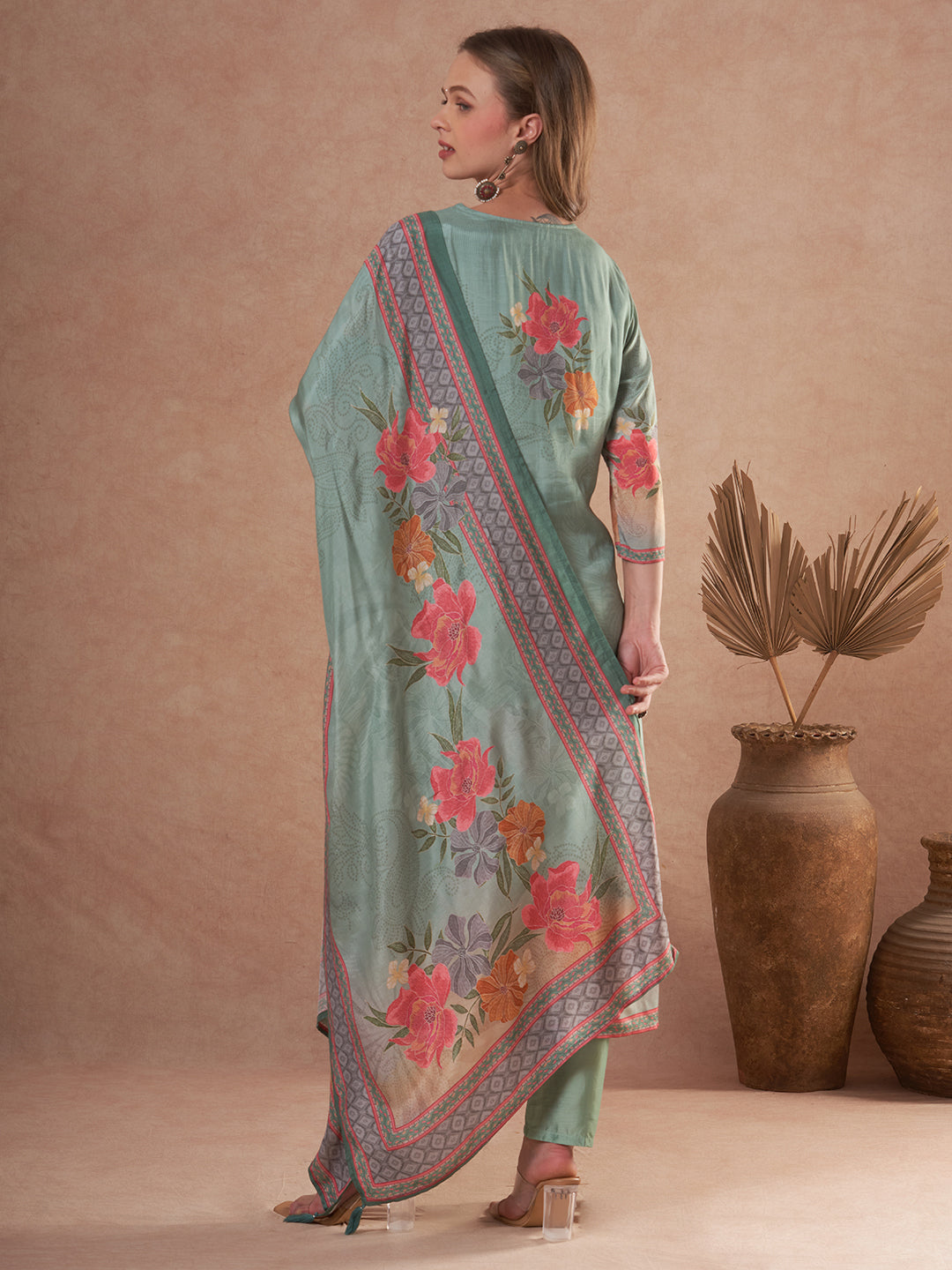 Abstract Floral Printed Embroidered Straight Fit Kurta with Pant and Dupatta - Sea Green
