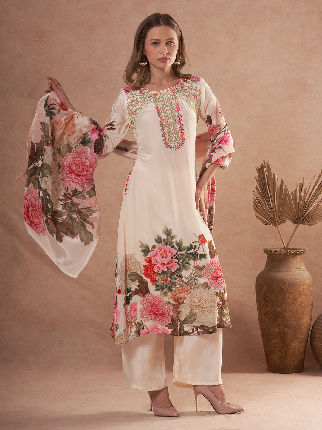 Abstract Floral Printed & Embroidered A-Line Kurta with Pant & Dupatta - Cream