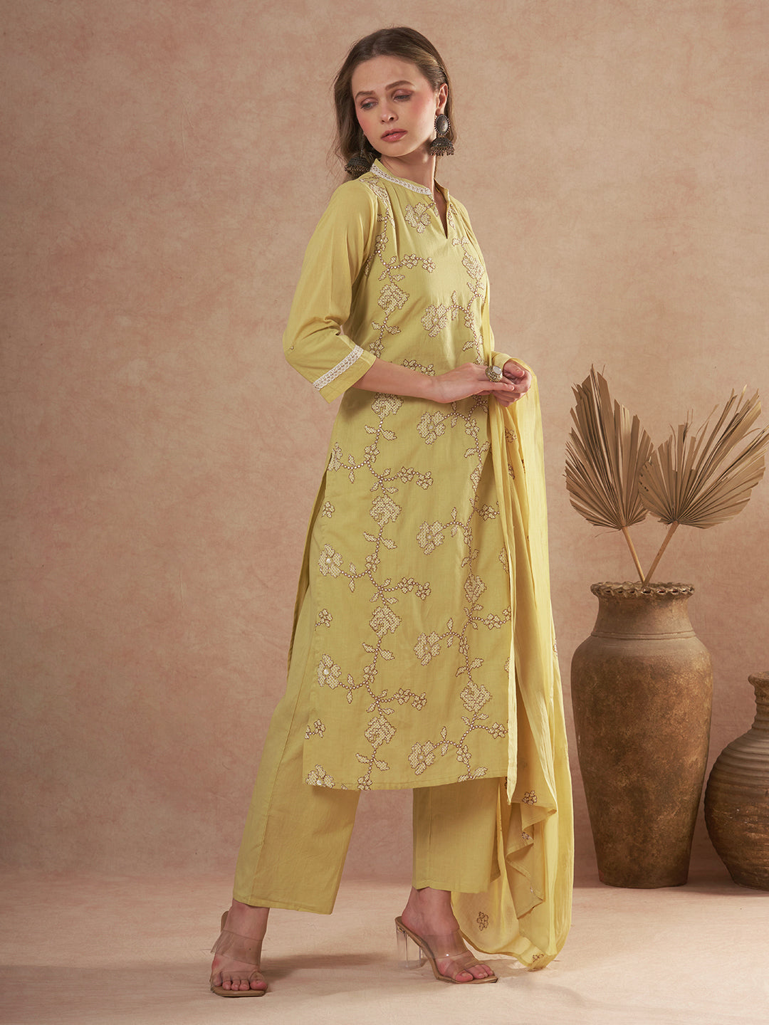 Solid Ethnic Embroidered Straight Fit Kurta with Palazzo and Dupatta - Green
