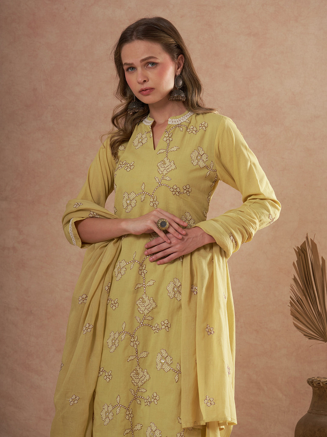 Solid Ethnic Embroidered Straight Fit Kurta with Palazzo and Dupatta - Green