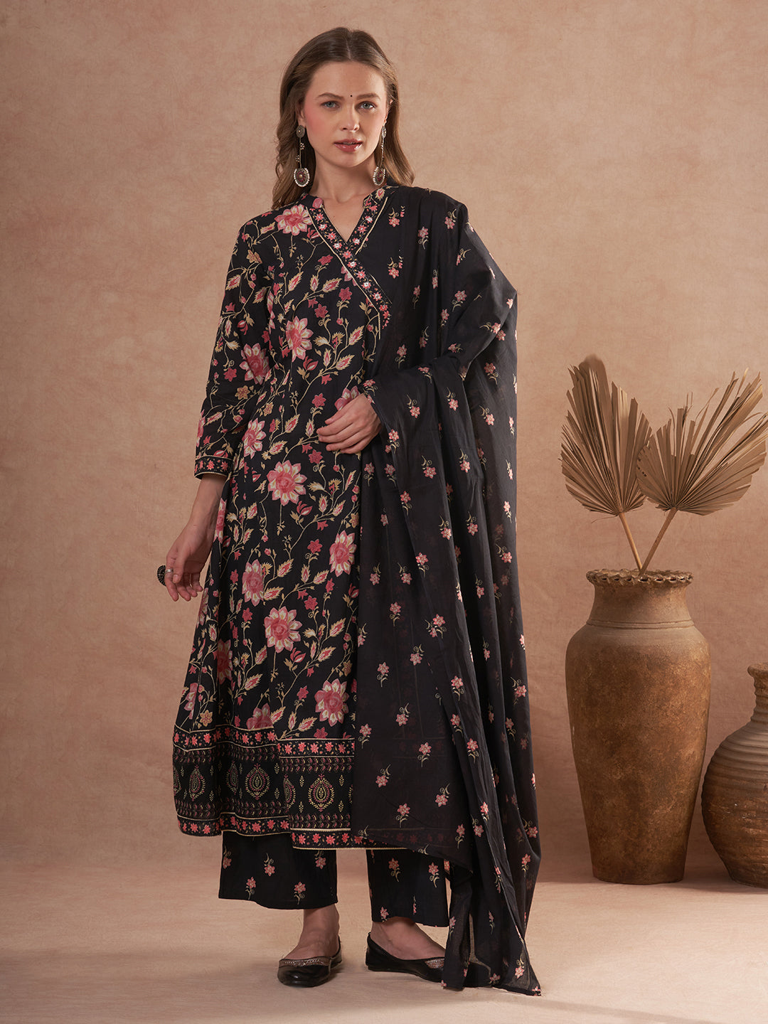 Ethnic Floral Printed Anarkali Flared Kurta with Palazzo and Dupatta - Black