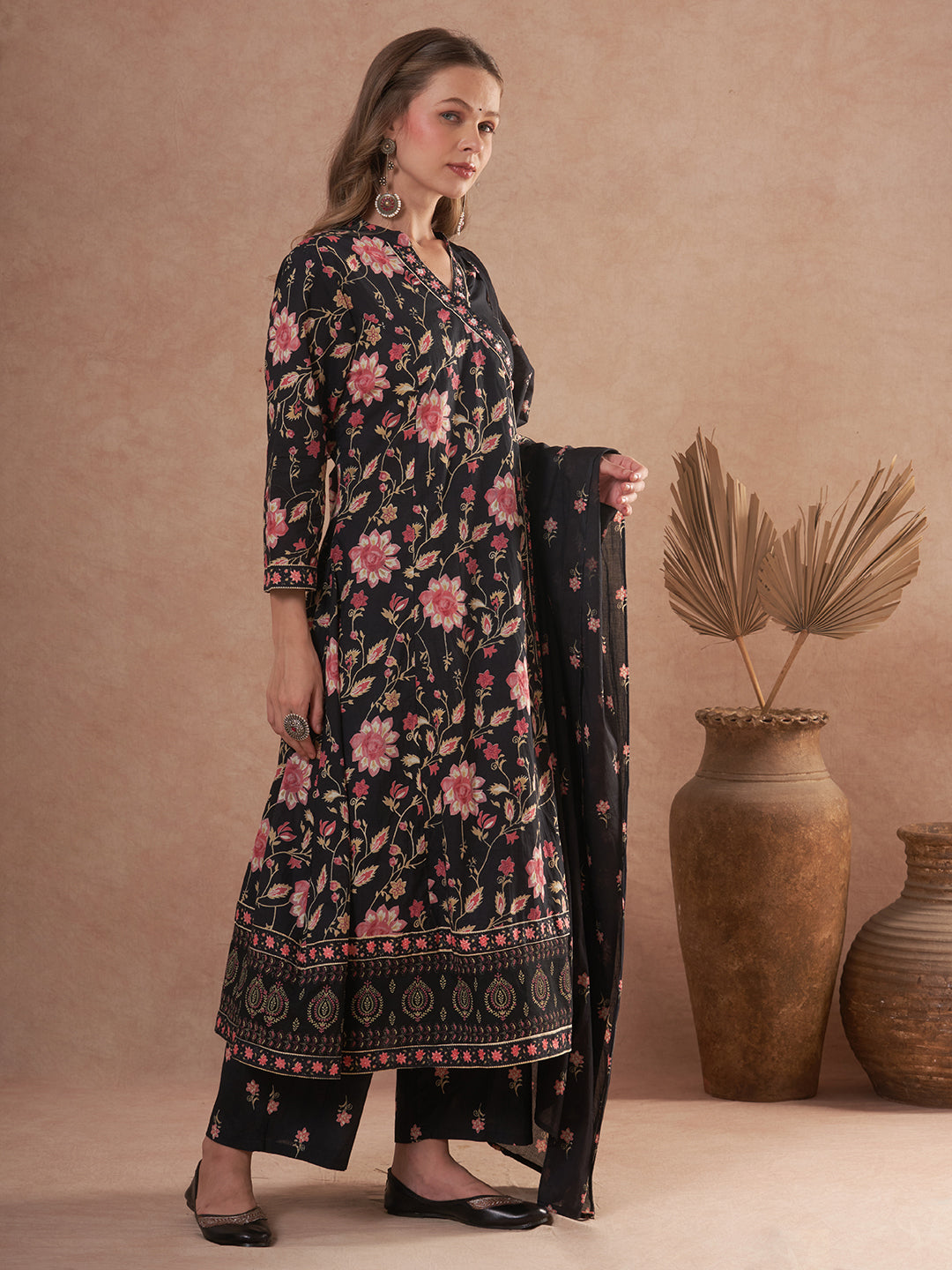 Ethnic Floral Printed Anarkali Flared Kurta with Palazzo and Dupatta - Black