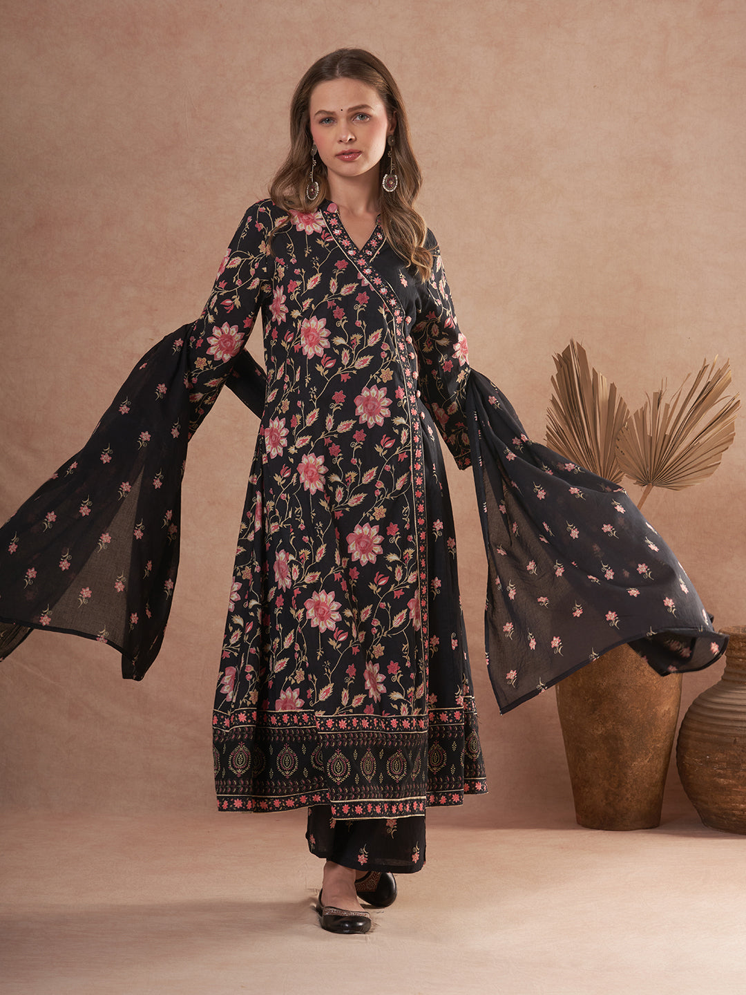 Ethnic Floral Printed Anarkali Flared Kurta with Palazzo and Dupatta - Black