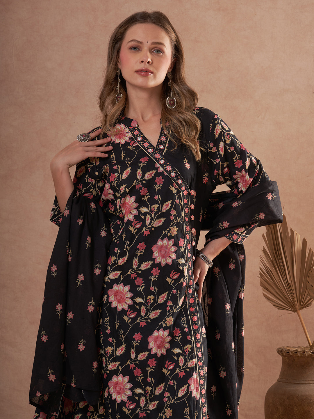 Ethnic Floral Printed Anarkali Flared Kurta with Palazzo and Dupatta - Black