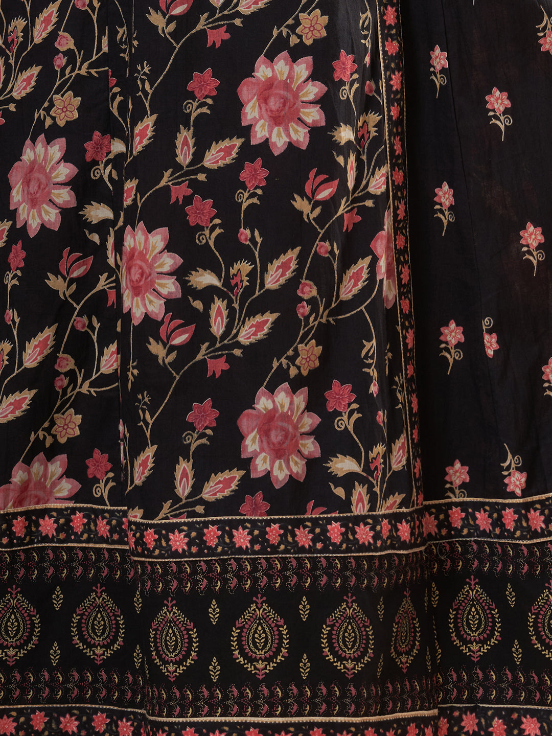 Ethnic Floral Printed Anarkali Flared Kurta with Palazzo and Dupatta - Black