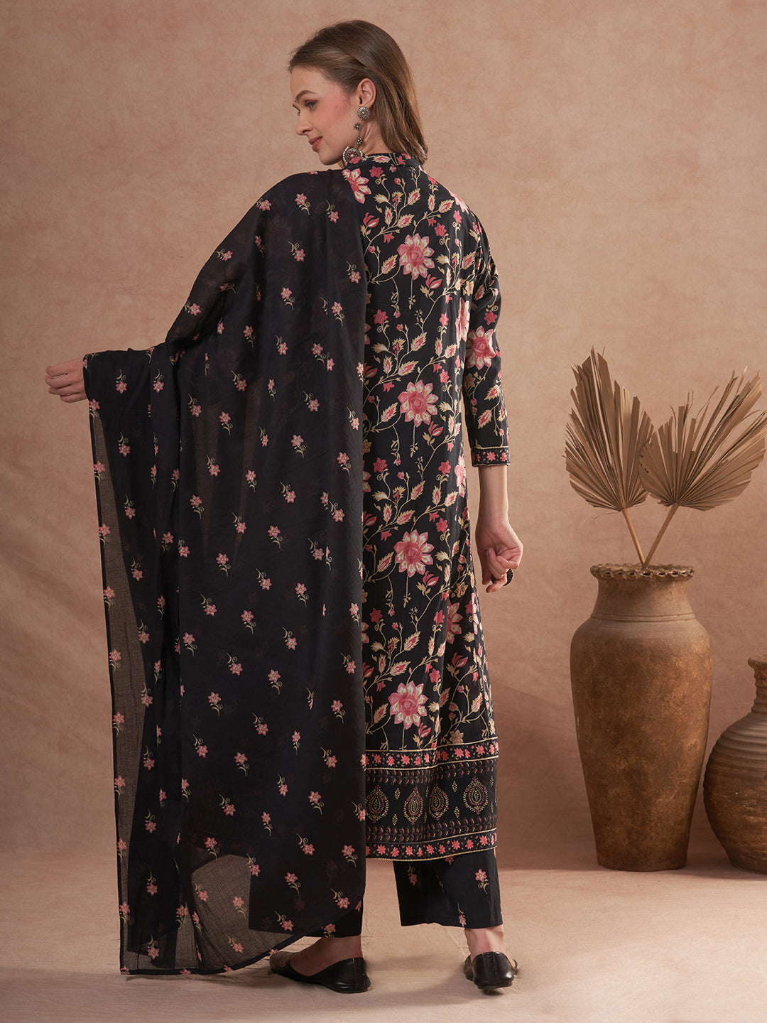 Ethnic Floral Printed Anarkali Flared Kurta with Palazzo and Dupatta - Black