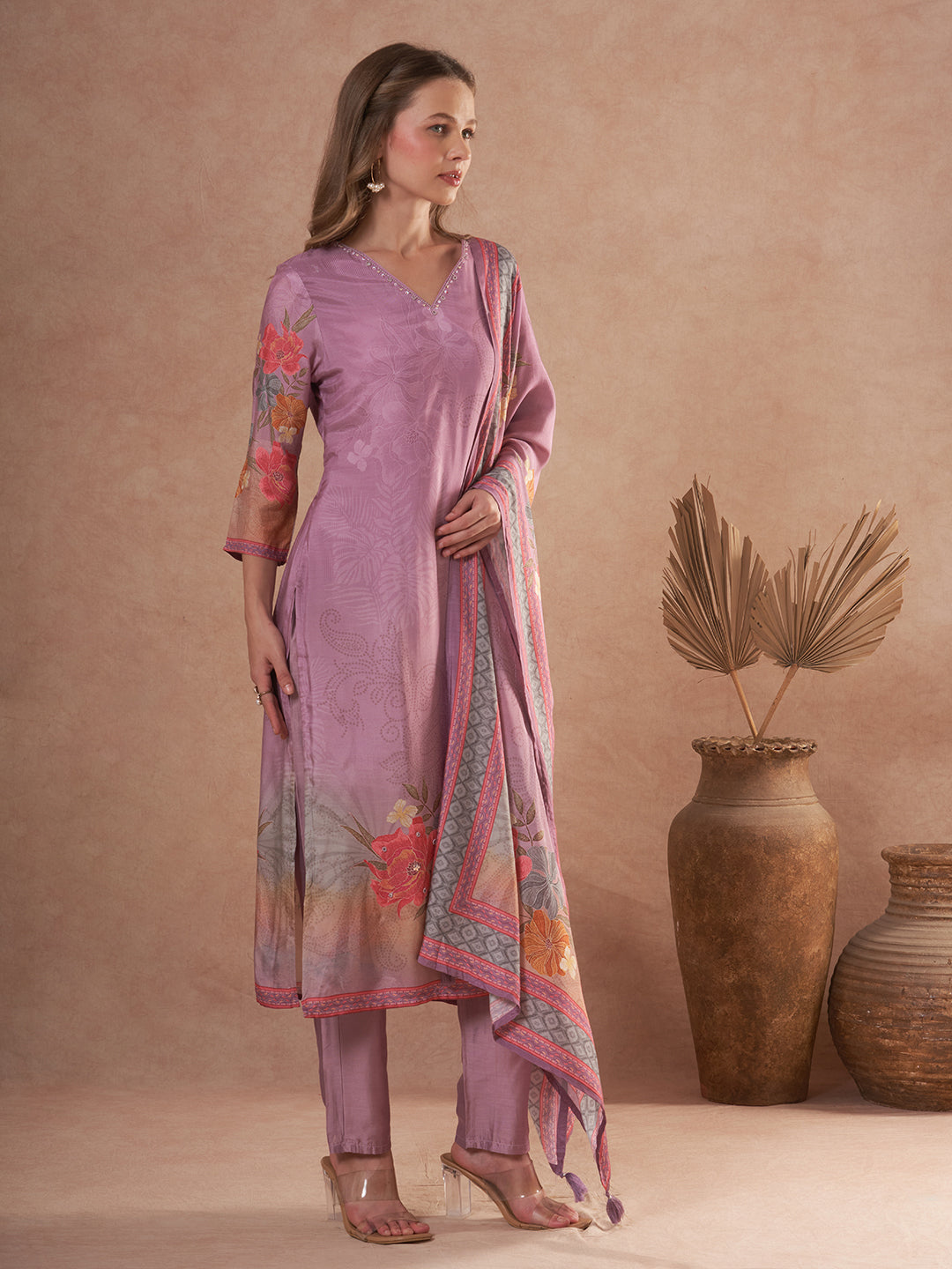 Abstract Floral Printed Embroidered Straight Fit Kurta with Pant and Dupatta - Mauve