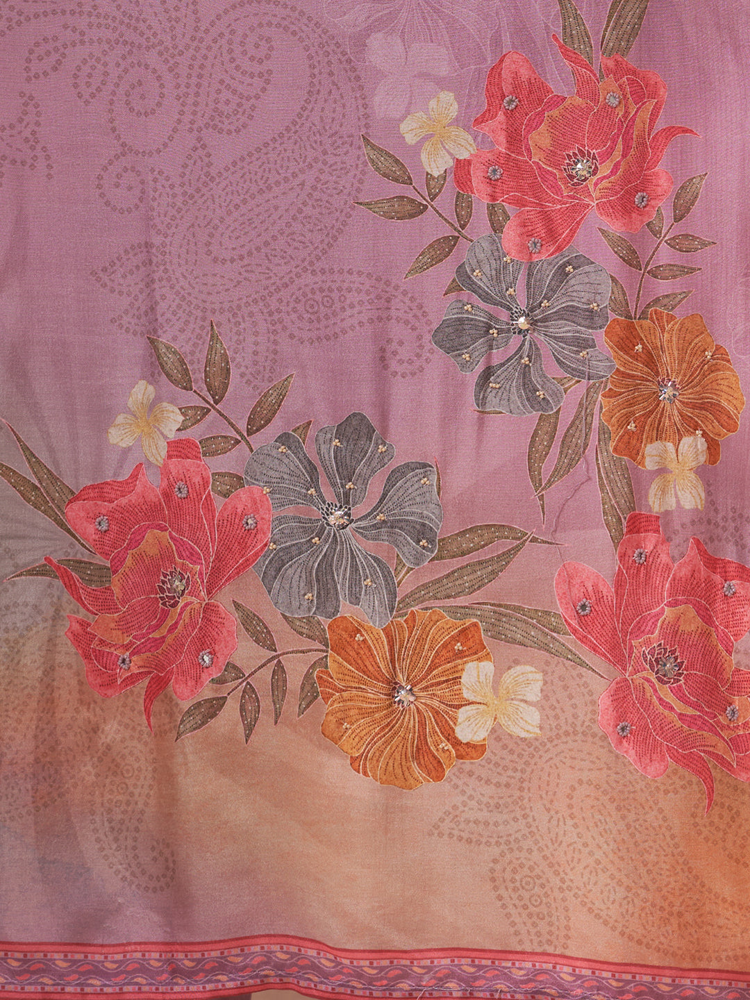 Abstract Floral Printed Embroidered Straight Fit Kurta with Pant and Dupatta - Mauve