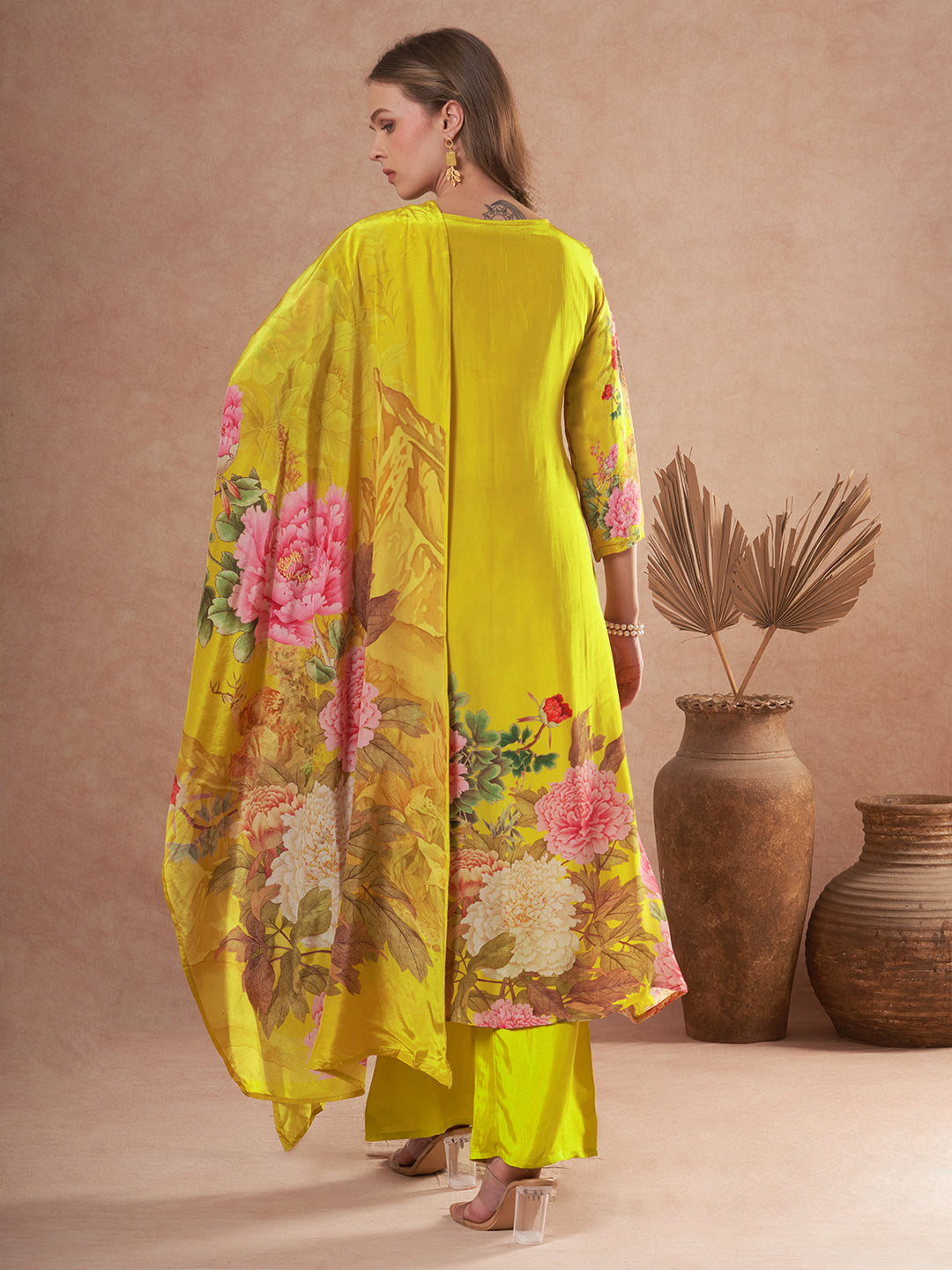 Abstract Floral Printed & Embroidered A-Line Kurta with Pant & Dupatta - Yellow