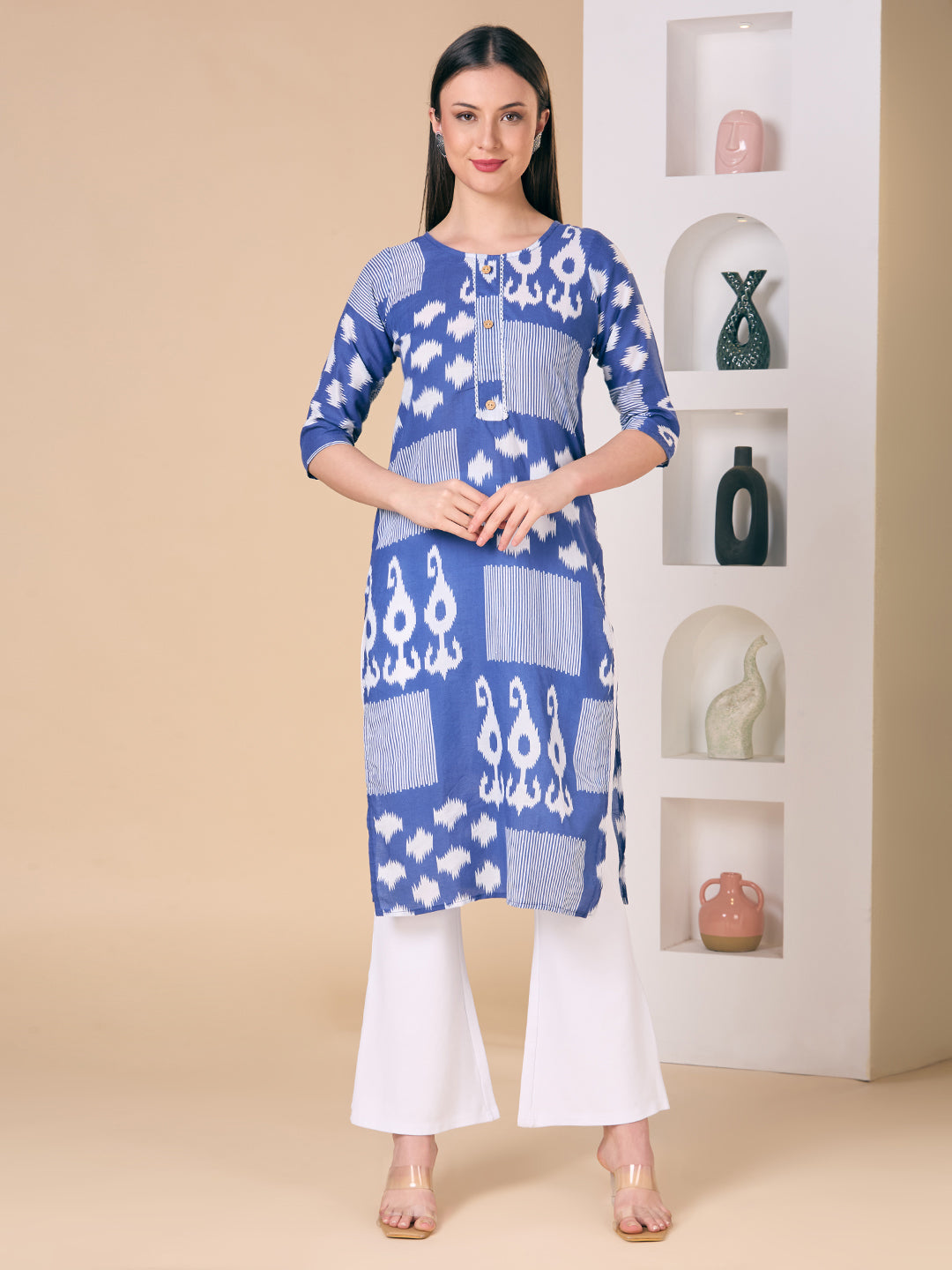 Ethnic Printed Straight Fit Kurta - Navy Blue