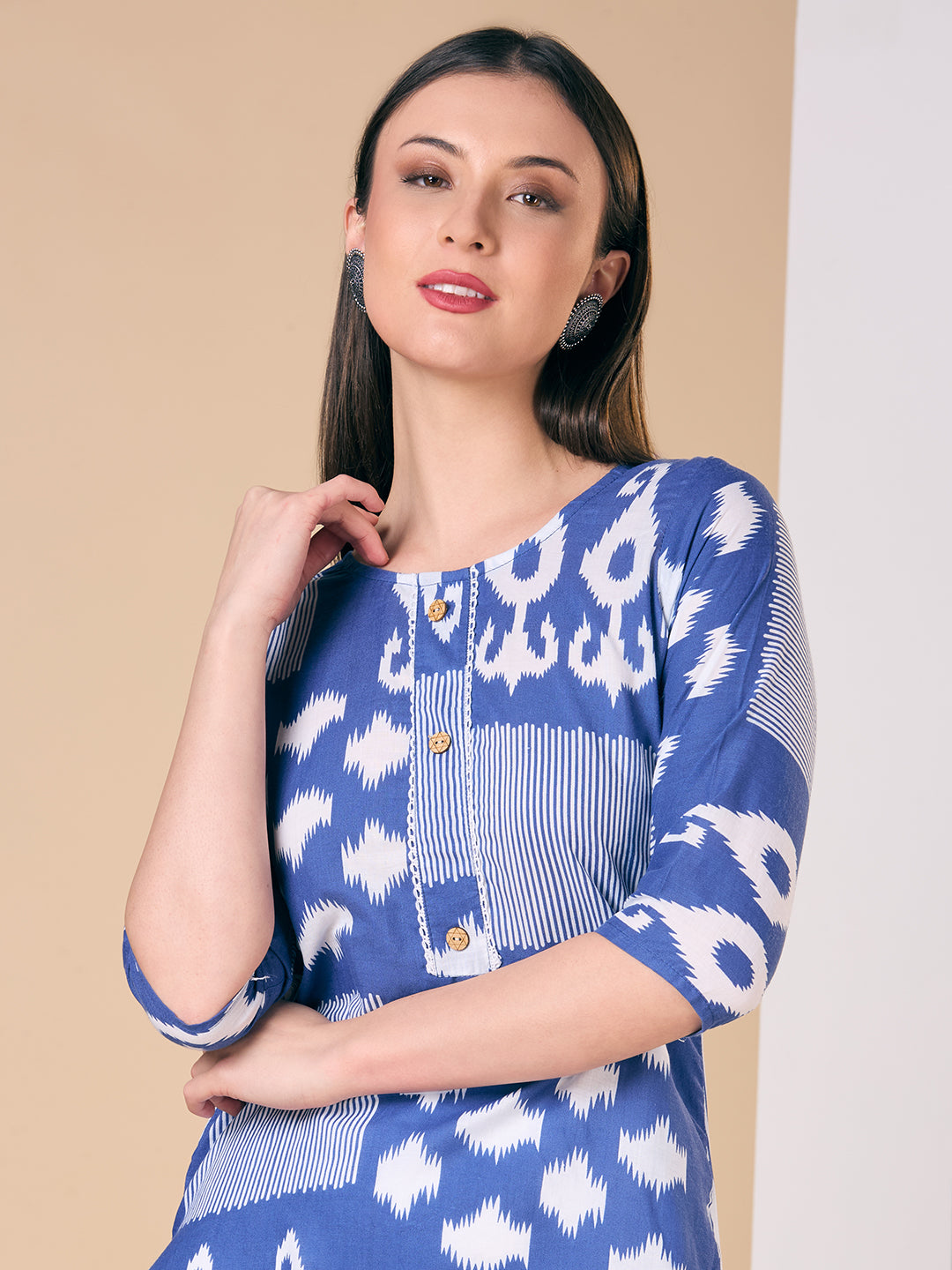 Ethnic Printed Straight Fit Kurta - Navy Blue