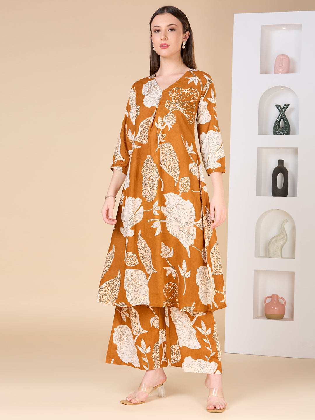 Abstract Floral Printed A-Line Co-ord Set - Mustard