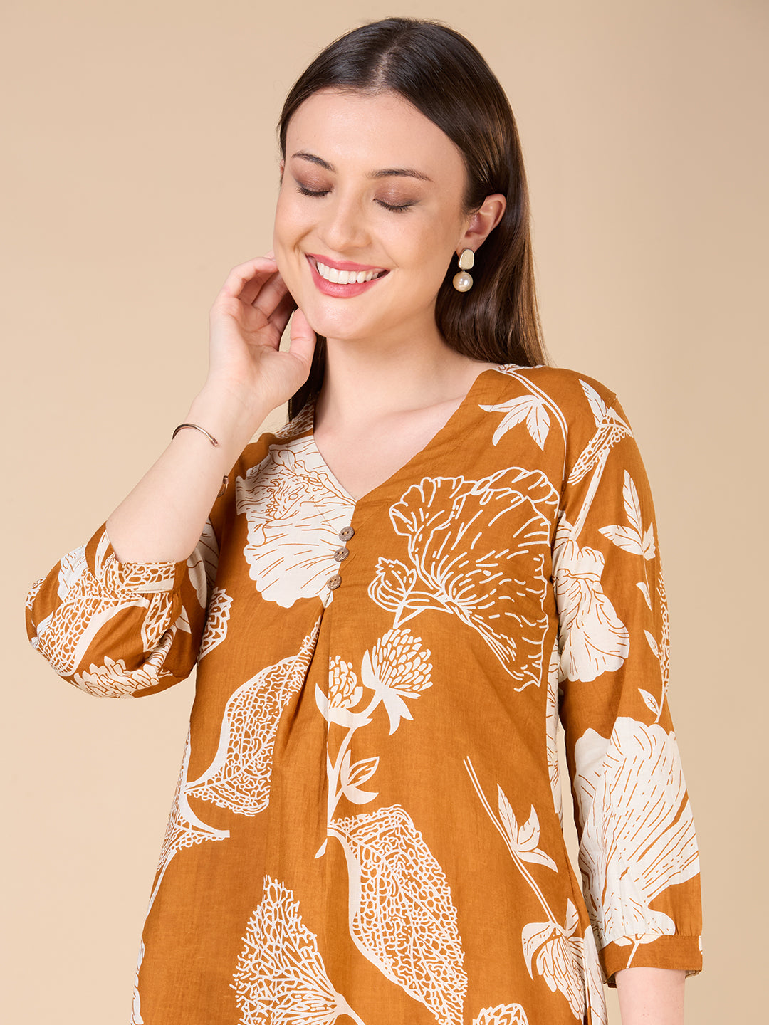 Abstract Floral Printed A-Line Co-ord Set - Mustard