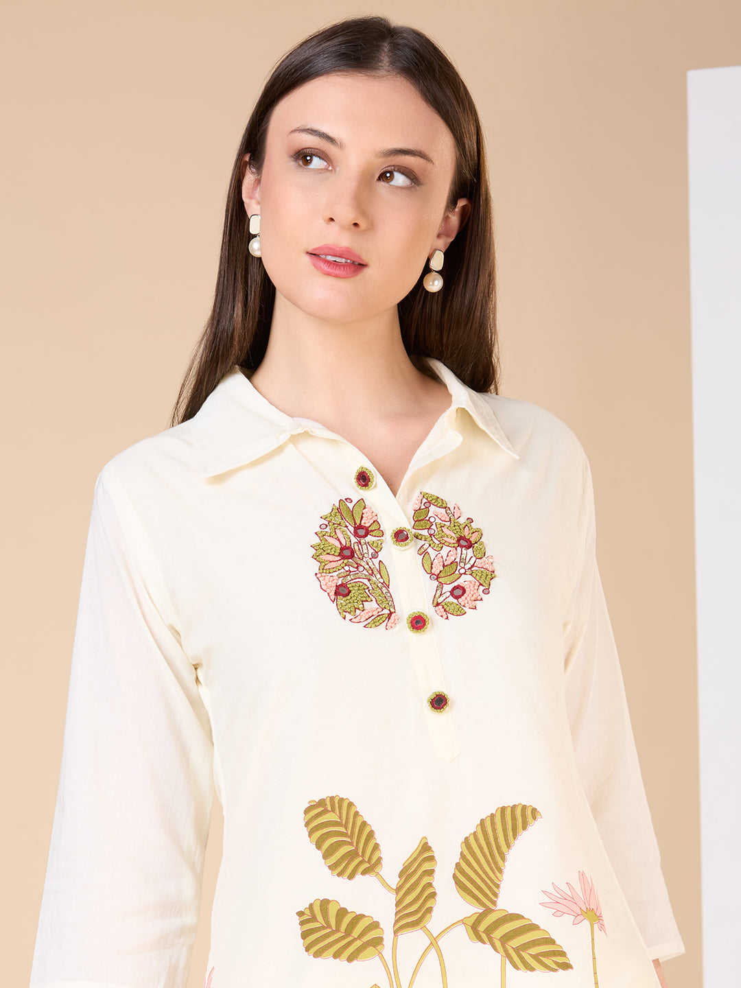 Solid Floral Printed & Hand Embroidered A-Line Co-ord Set - Cream