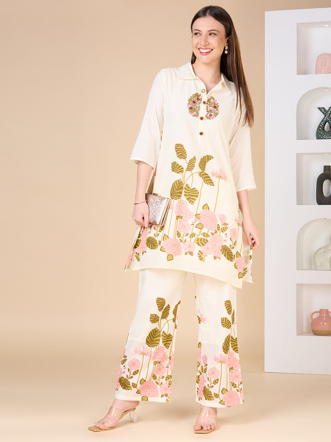 Solid Floral Printed & Hand Embroidered A-Line Co-ord Set - Cream