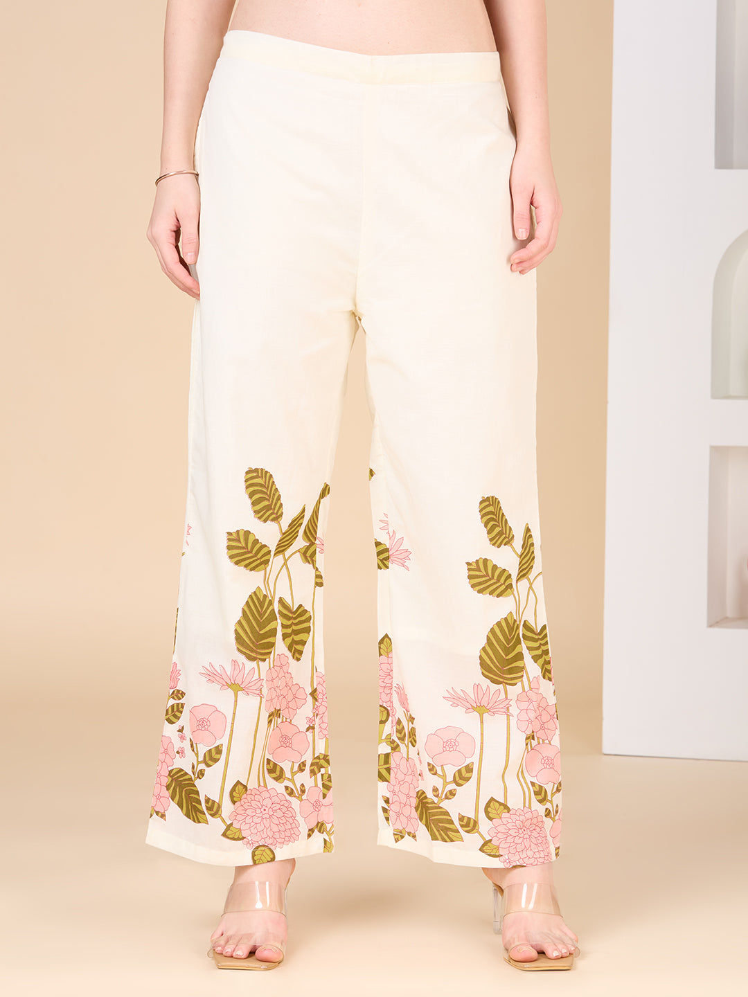 Solid Floral Printed & Hand Embroidered A-Line Co-ord Set - Cream