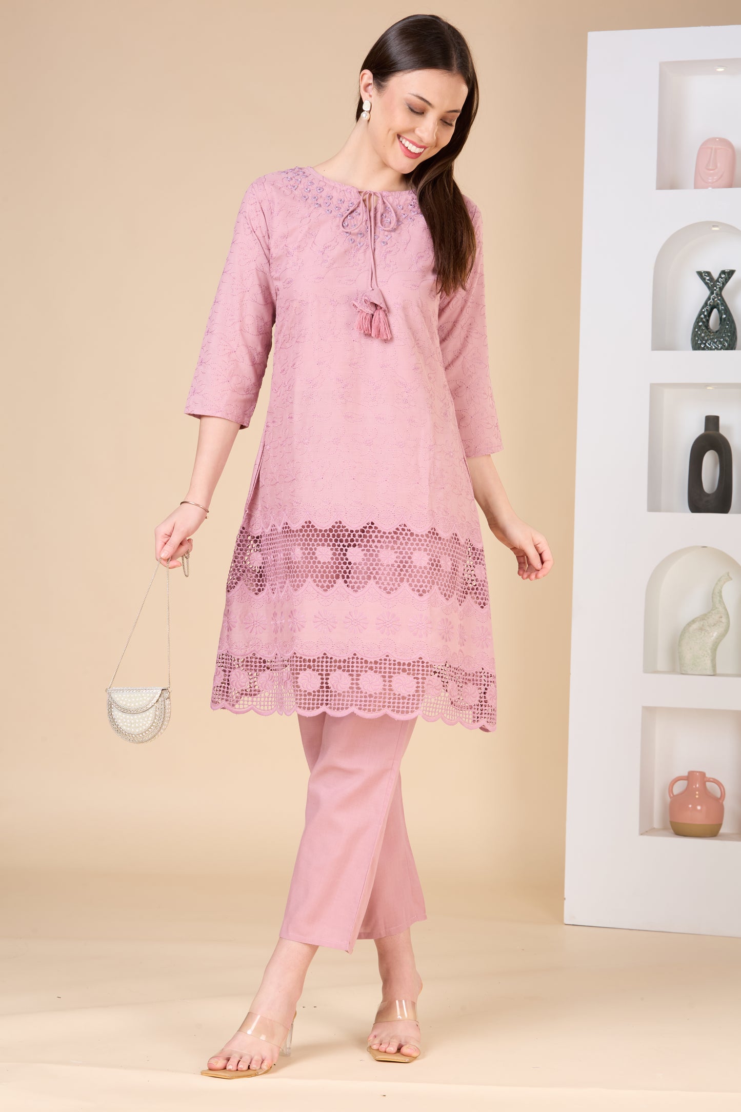 Floral Threadwork Embroidered A-Line Kurta with Pant - Pink