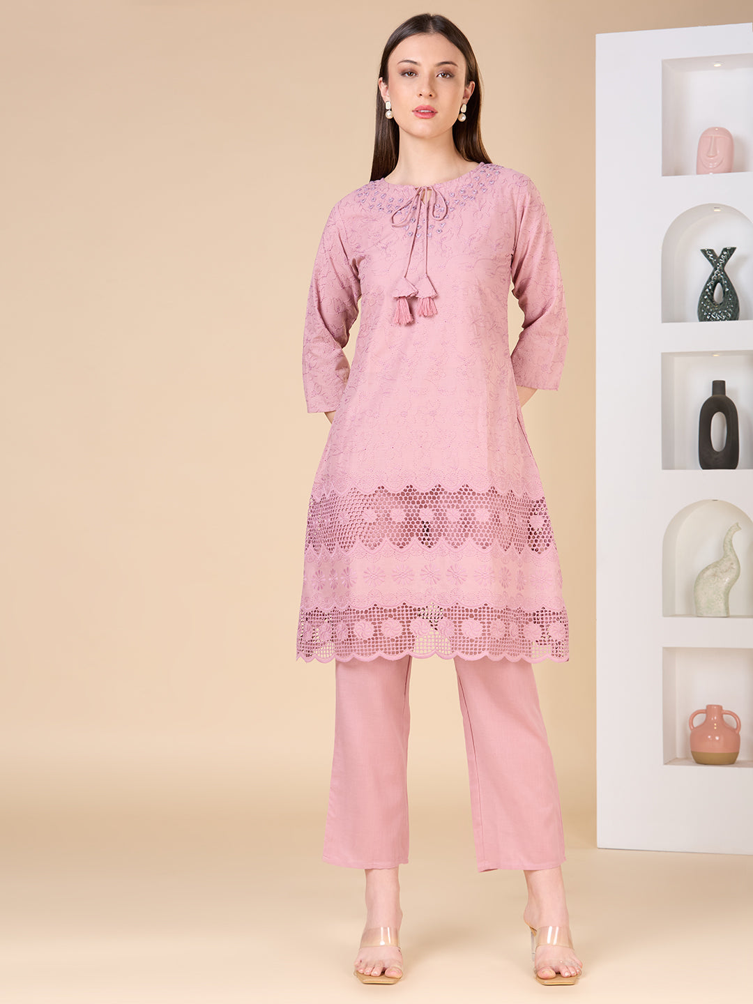 Floral Threadwork Embroidered A-Line Kurta with Pant - Pink