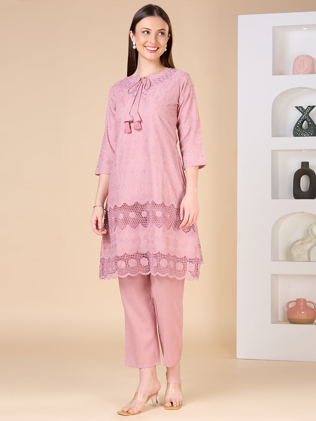 Floral Threadwork Embroidered A-Line Kurta with Pant - Pink