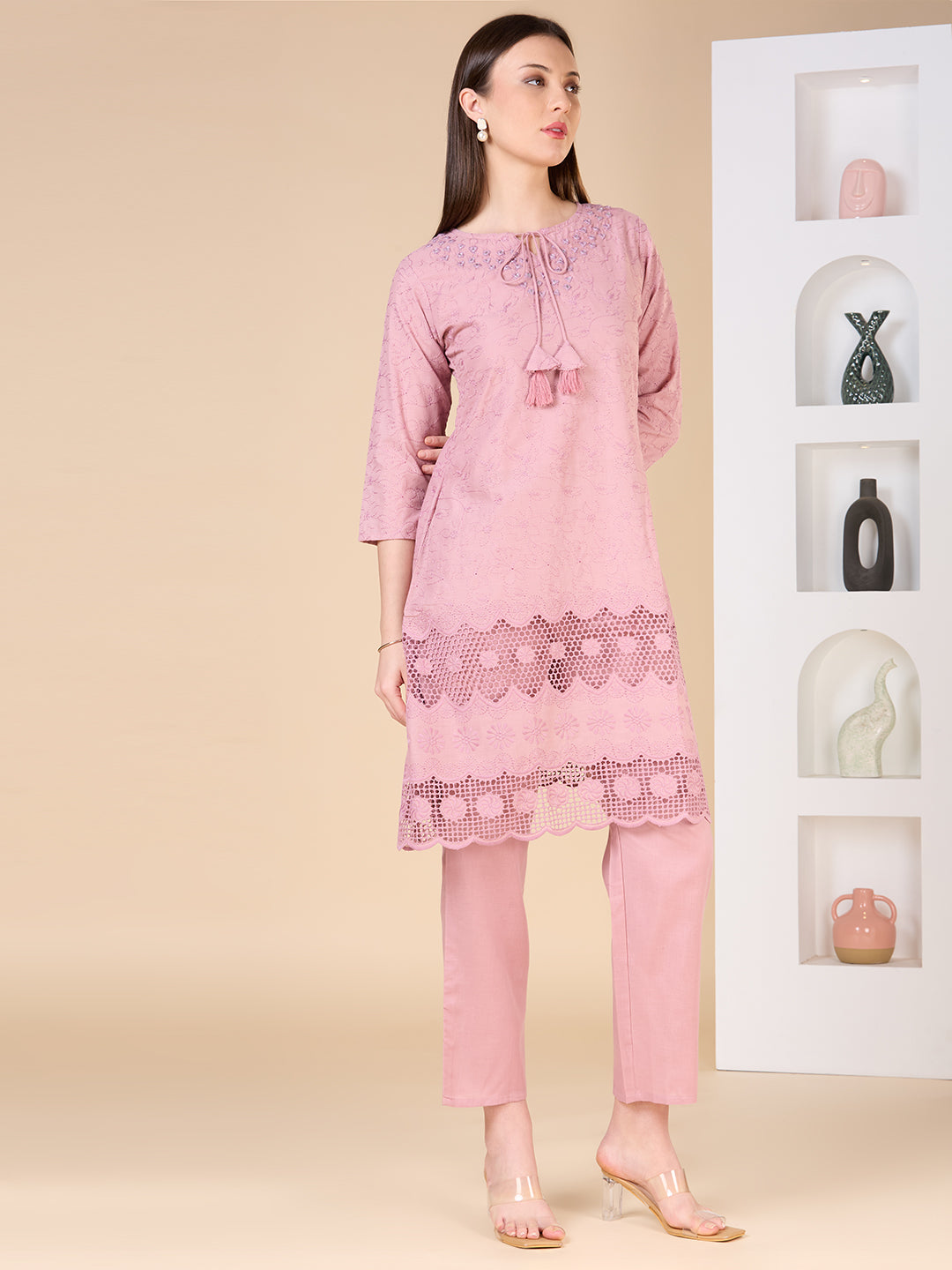 Floral Threadwork Embroidered A-Line Kurta with Pant - Pink