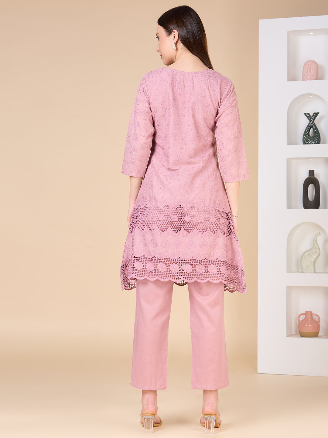 Floral Threadwork Embroidered A-Line Kurta with Pant - Pink